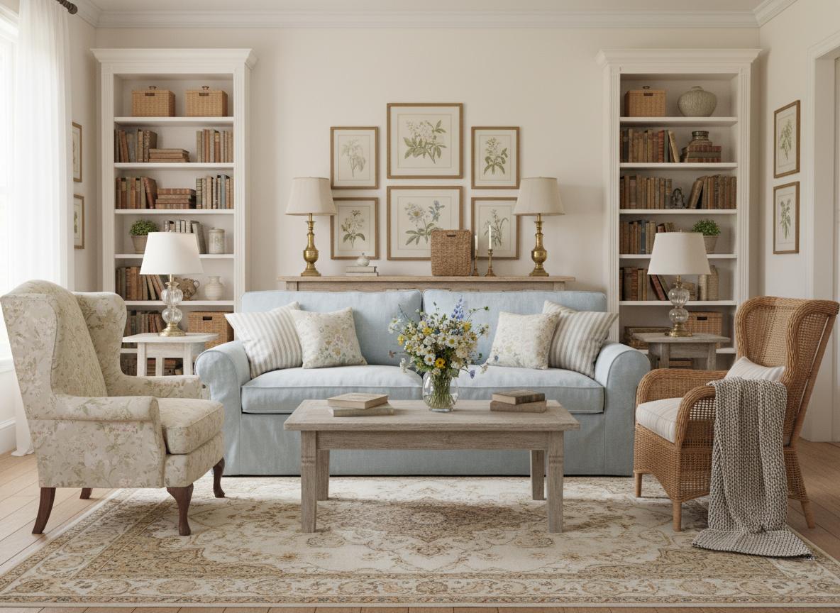 An incredibly lifelike, richly detailed, photorealistic interior photo of a living room set in a relaxed, airy environment. The scene is illuminated by soft, diffused natural light from a large window, suggesting a bright midday in summer, creating a cheerful and inviting atmosphere. Captured with a wide-angle lens, emphasizing the textures of worn but loved furnishings and the gentle play of light and shadow.

This reimagined shabby chic living room embraces the essence of comfort and vintage charm, taking inspiration from the classic lines of the miniature Cadillac in the original image. The color palette leans towards soft, muted tones: creamy whites, pale blues, and gentle grays, accented by weathered wood and aged brass.

The space is designed to feel lived-in and welcoming. A plush, slightly oversized sofa upholstered in a faded linen, perhaps a pale sky blue, anchors one side of the room. Scattered across it are an assortment of mismatched throw pillows in various floral prints and textural weaves – think linen, cotton, and perhaps a touch of embroidered silk. A weathered oak coffee table, its surface bearing the subtle marks of time, sits centrally, adorned with a stack of vintage books and a small vase overflowing with freshly cut wildflowers.

Flanking the sofa are two armchairs, one a classic