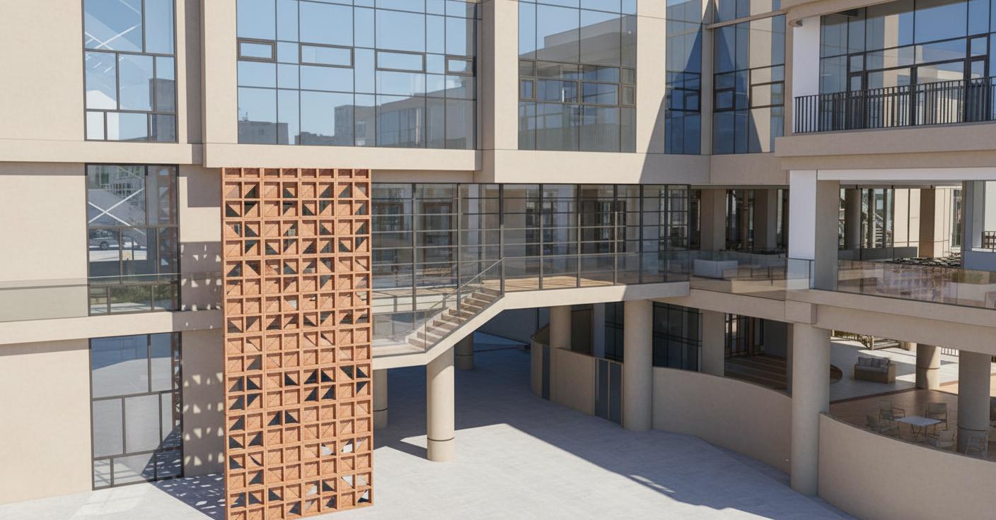 An incredibly lifelike, richly detailed, photorealistic architectural photo of a complex multi-level structure set in a modern urban environment. The scene is illuminated by bright, natural daylight, casting sharp shadows that emphasize the building's geometric form and creating a clean, airy atmosphere. Captured with a wide-angle lens, emphasizing the interplay of materials like warm, textured terracotta screens, smooth beige rendered panels, and expansive glass facades reflecting the sky. The composition draws the eye through the layered architecture, from the intricate lattice-like screen on the left to the suspended walkway offering a glimpse into interior spaces with polished wooden floors and minimalist furniture. The rendering highlights the contrast between the rough, artisanal texture of the terracotta and the sleek, contemporary finishes of the building's main structure, suggesting a sophisticated yet approachable design. The depth of field subtly blurs the background, focusing attention on the architectural details and the sense of volume and space within the scene.
