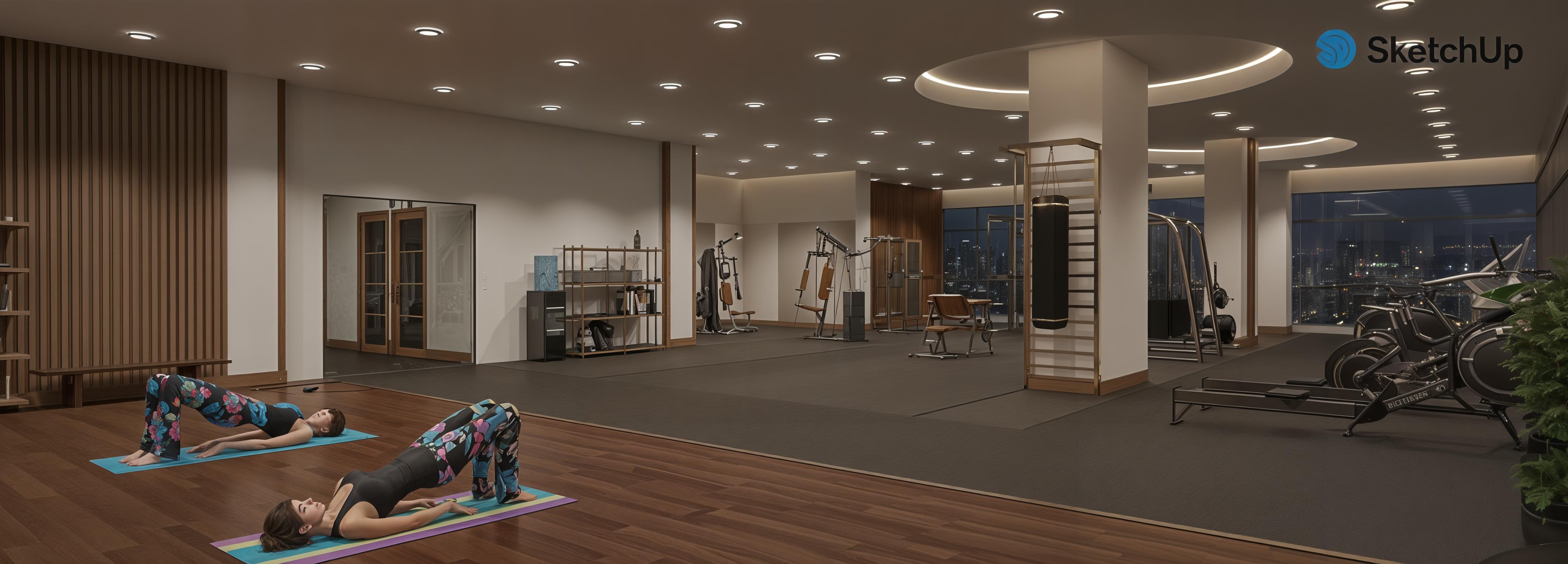 An incredibly lifelike, richly detailed, photorealistic interior photo of a fitness gym set in a sleek, modern architectural space. The scene is illuminated by a soft, ambient nighttime glow emanating from recessed ceiling lights and subtle accent lighting around structural columns, creating a sophisticated and tranquil atmosphere. Captured with a wide-angle lens, emphasizing the spaciousness and the interplay of textures: the rich, dark wenge wood flooring that spans most of the area contrasts with the textured, dark rubber mats strategically placed around weightlifting stations and along the pathways connecting the equipment. The walls feature a striking vertical slat wood paneling alongside smooth, matte white surfaces, adding depth and visual interest. Prominent workout machines, including weight-lifting stations, cardio equipment like a rowing machine and an elliptical, and a heavy bag suspended from a frame, are rendered with meticulous detail, showcasing their metallic finishes and ergonomic designs. In the foreground, two individuals are captured in the meditative pose of a yoga bridge, their vibrant, patterned leggings a pop of color against the muted tones of the gym. The composition draws the eye from the serene yoga setup towards the more active zones, with large windows in the background offering a blurred, nighttime cityscape view. Reflections on the polished surfaces and the soft shadows cast by the equipment contribute to