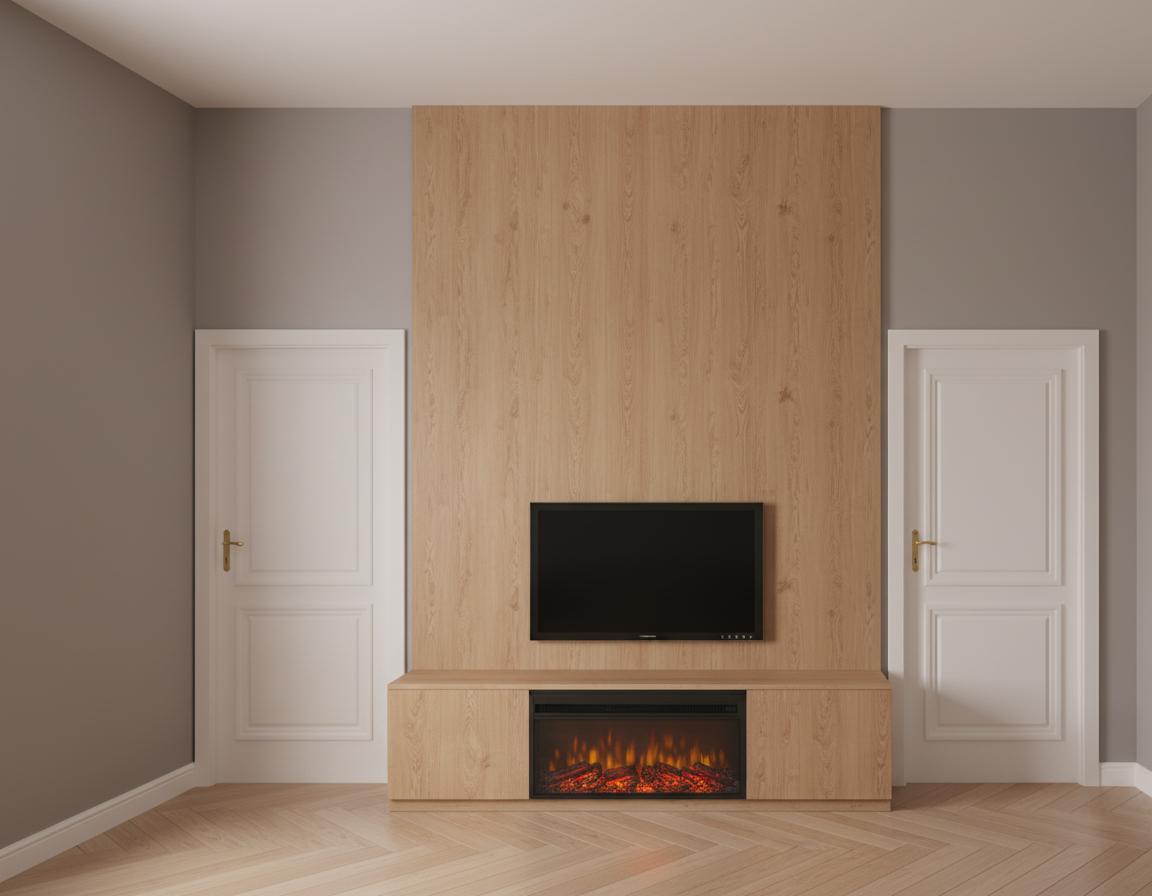An incredibly lifelike, richly detailed, photorealistic interior photo of a living room set in a cozy, subtly shabby chic interior. The scene is illuminated by a warm, inviting light, possibly from ambient light filtering through a nearby window, creating a serene and welcoming atmosphere. Captured with a wide-angle lens, emphasizing the depth and spaciousness of the room, the vista draws the eye to a striking focal point: a floor-to-ceiling wall paneling in a lighter, warmly toned wood veneer, set against soft, muted grey walls. This central panel is home to a sleek, modern television and a recessed electric fireplace, its flames glowing with a vibrant, realistic luminescence. Flanking this centerpiece are two classic white paneled doors, their detailed mouldings and simple brass hardware adding a touch of timeless elegance. The floor beneath is a subtle herringbone pattern in light wood tones, its light, yet textured surface catching the light. The overall impression is one of comfortable sophistication, where natural textures meet refined design, perfect for a relaxed yet stylish living space.
