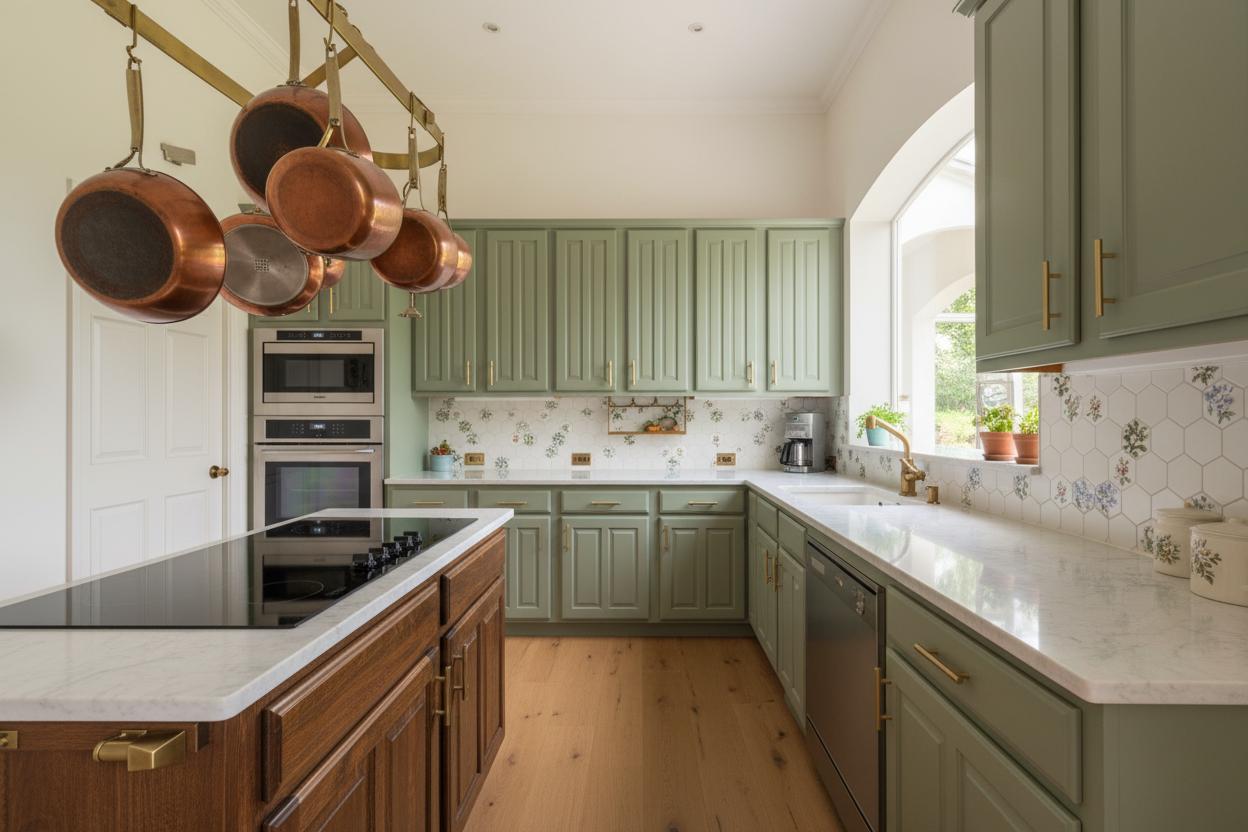 An incredibly lifelike, richly detailed, photorealistic wide-angle interior photo of a vintage-inspired kitchen set in a sun-drenched countryside home. The scene is illuminated by soft, warm daylight streaming in from unseen windows, creating a bright and inviting atmosphere. Captured with a shallow depth of field, emphasizing the rich textures of aged wood, polished brass, and delicate floral patterns.

This reimagined kitchen embraces a charming vintage aesthetic, blending functionality with timeless elegance. The cabinets, originally stark white, are now painted in a soft, muted sage green, offering a sense of serenity and connection to nature. The countertops are a creamy white marble with subtle grey veining, providing a classic and luxurious feel, contrasting beautifully with the dark, slightly distressed wooden island that anchors the space. The backsplash features a hand-painted hexagonal tile in a crisp white, interspersed with delicate floral motifs in shades of moss green and soft periwinkle, adding a touch of artisanal charm.

The prominent pot rack, a fixture in the original design, is now brushed brass, reflecting the ambient light and adding a warm, antique glow. The pots and pans suspended from it are a mix of classic cast iron and polished copper, their subtle patina speaking of countless delicious meals prepared. Integrated into the island