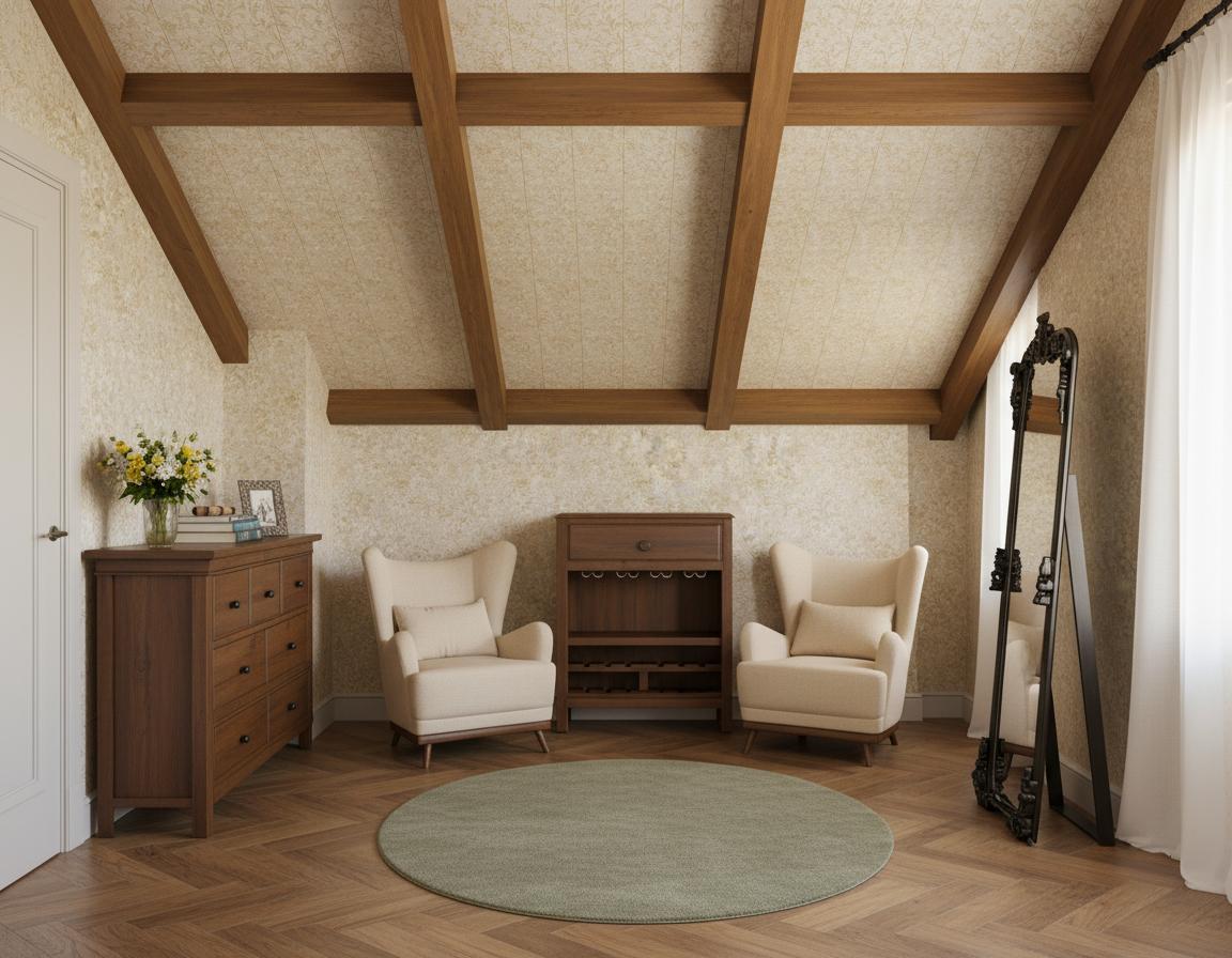 An incredibly lifelike, richly detailed, photorealistic interior photo of a bedroom lounge area set in a vintage-inspired attic room. The scene is illuminated by soft midday summer light streaming through sheer curtains, creating a serene and inviting atmosphere. Captured with a wide-angle lens, emphasizing the warm tones of the dark wood herringbone floors and the exposed wooden beams of the vaulted ceiling. The existing cream wingback chairs are kept, but a plush, circular rug in a muted sage green now grounds the seating area, adding a comforting tactile element. On the antique wooden dresser, previously bare, a curated collection of vintage travel books, a delicate porcelain vase with fresh wildflowers, and a small, ornate silver frame now reside. The dramatic, floor-length mirror with its ornate black frame remains, but is artfully positioned to reflect the light and the new vignette on the dresser, adding depth and a touch of old-world glamour. The stark white walls are now softened with a subtle, textured wallpaper featuring a delicate botanical print in a pale gold hue, enhancing the vintage feel. The overall composition balances the existing architectural features with new, thoughtfully chosen decorative items, creating a functional and aesthetically pleasing relaxation zone within the bedroom space. The proportions feel intimate within the airy attic, emphasizing human scale ideal for