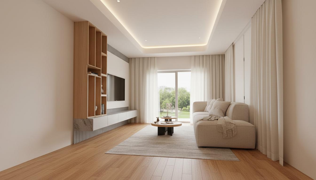An incredibly lifelike, richly detailed, photorealistic interior photo of a living room set in a stylish, modern apartment. The scene is illuminated by soft, diffused natural light streaming through sheer curtains and complemented by subtle, warm LED cove lighting along the ceiling perimeter, creating a cozy and inviting atmosphere. Captured with a wide-angle lens, emphasizing the spaciousness and the interplay of textures – the warm, varied tones of the wood plank flooring, the smooth, cool marble of the media console accent, the soft, woven upholstery of the sectional sofa, and the matte finish of the wall-mounted cabinetry. The composition draws the eye from the expansive entertainment unit featuring integrated shelving and ample storage, across the unique, multi-tiered coffee table with its minimalist centerpiece, to the inviting sectional sofa draped with a textured throw. The overall aesthetic leans towards a modern vintage design, with clean lines softened by natural materials and a palette of neutral earth tones, perfectly suited for a trending Pinterest aesthetic.