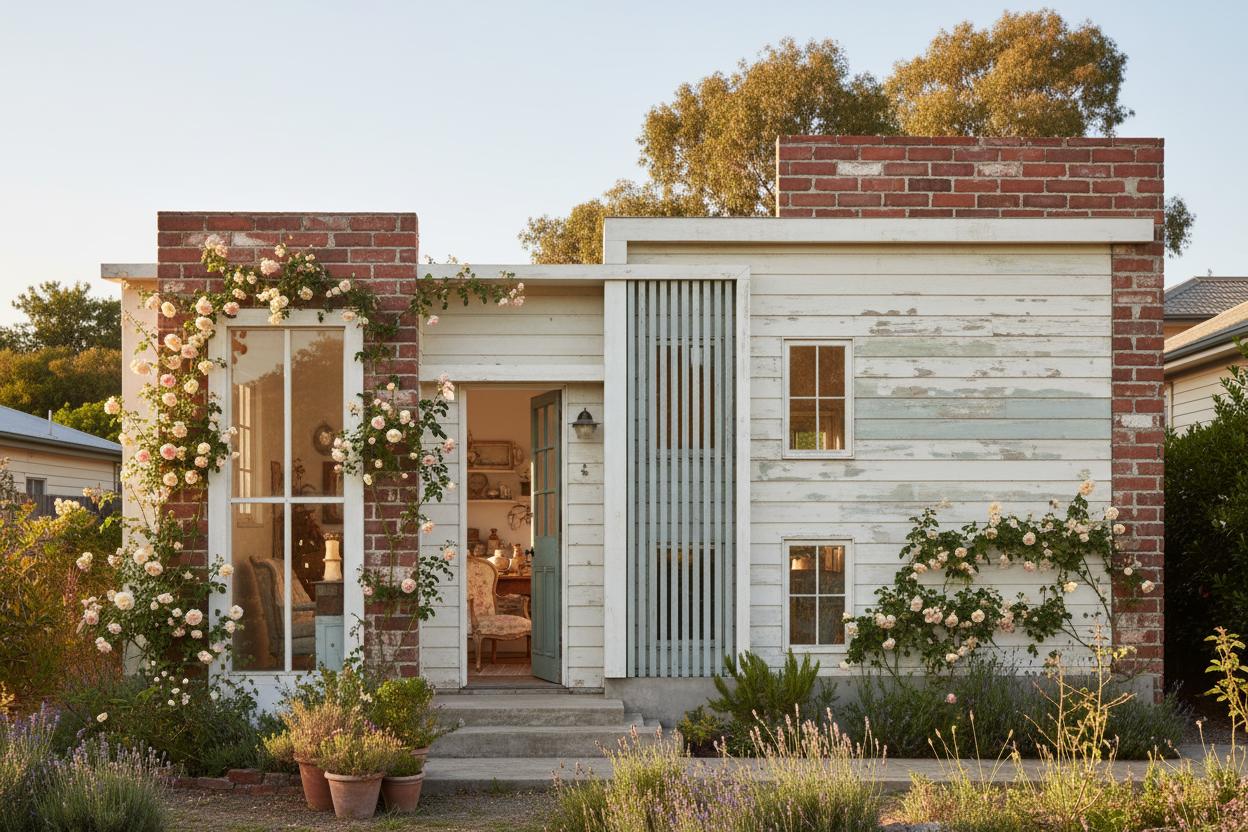 An incredibly lifelike, richly detailed, photorealistic exterior architectural shot of a charming, shabby chic house, perhaps nestled in a sun-drenched, quiet neighborhood. The scene is illuminated by soft, warm afternoon sunlight, casting gentle shadows that highlight the weathered textures of the clapboard siding, painted in a faded, creamy white with hints of pale blue peeking through where the paint has aged. Delicate climbing roses, in various stages of bloom – their petals a soft blush pink and creamy ivory – twine artfully around a distressed wooden porch swing. The porch itself is adorned with an eclectic mix of vintage furniture: a chipped enamel watering can sits beside a stack of old gardening books, and a wicker armchair, softened by a faded floral cushion, invites repose. Through the slightly ajar front door, glimpses of a warm, inviting shabby chic interior can be seen – perhaps a glimpse of a vintage armchair upholstered in a delicate floral fabric and a rustic wooden table laden with antique ceramics. Captured with a wide-angle lens, emphasizing the lovingly maintained yet characterfully aged facade and its integration into a verdant, slightly untamed garden landscape, this image exudes a sense of nostalgic comfort and effortless, bohemian elegance, perfectly capturing the trending Pinterest aesthetic.