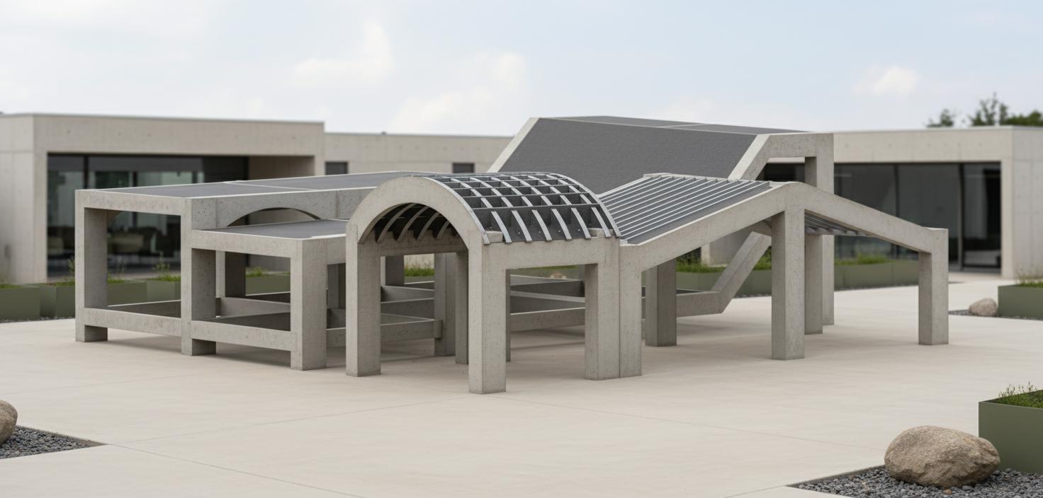 An incredibly lifelike, richly detailed, photorealistic architectural photo of a modern concrete structure set in a minimalist outdoor environment under a soft midday summer sky. The scene is illuminated by natural daylight, with global illumination and ambient occlusion subtly highlighting the various forms and creating a sense of depth. Captured with a wide-angle lens, this rendering emphasizes the raw beauty of the exposed concrete, showcasing its subtle surface textures, fine aggregate speckles, and the sharp, clean lines of the beams, arches, and slanted roof elements. The structure, reminiscent of brutalist-modern fused with elements of a tranquil onsen retreat, presents a series of interconnected platforms and covered spaces. One section features a striking segmental arch roof with visible ribbed detailing beneath a dark, flat surface, while another reveals a series of purlins supporting a sloped trapezoidal roof form. The interplay of light and shadow across the robust concrete surfaces adds a tactile quality, further enhanced by the neutral, clean ground beneath and the absence of distracting background elements, allowing the architectural forms themselves to take center stage.