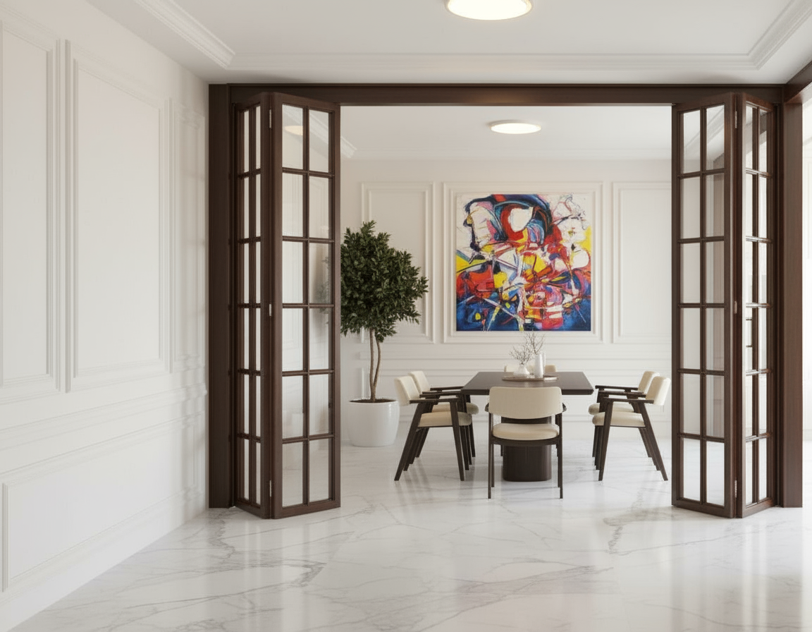 An incredibly lifelike, richly detailed, photorealistic interior shot of a vintage dining room, bathed in the soft, ambient glow of a stylish, minimalist ceiling light, creates an intimate and elegant atmosphere. The room features elegantly paneled walls, their pristine white surfaces contrasting with the deep, warm tones of ornate wooden accents and a striking set of dark-framed, bi-folding doors that open into a bright, sun-drenched space. These doors, crafted with numerous glass panes, offer a glimpse of a vibrant, abstract artwork on the other side, adding a modern touch to the classic setting. The floor is a polished expanse of white marble, veined with subtle grey, reflecting the light and lending an air of sophisticated luxury. At the center of the room, a dark, rectangular dining table is set with four sleek, dark-wood chairs featuring plush, cream-colored upholstered seats and backs. To the left of the table, a large, decorative potted plant with dense, dark foliage adds a natural element and visual balance. The composition, framed by the open doorway and angled walls, draws the viewer’s eye towards the dining set, implying a ready scene for a sophisticated gathering. The depth of field is shallow, with the foreground featuring sharp detail on the marble floor