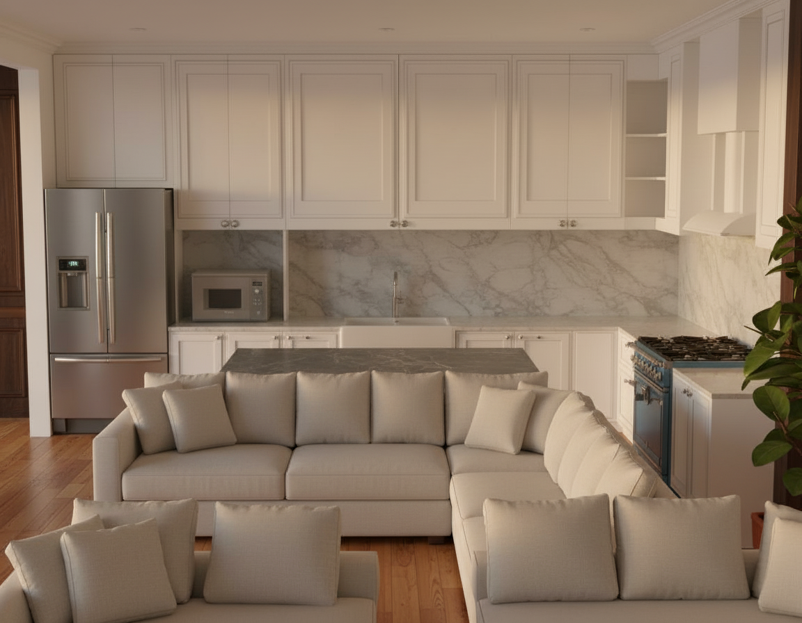 An incredibly lifelike, richly detailed, photorealistic interior photo of a vintage-style kitchen set in a home during a summer sunset. The scene is illuminated by warm, ambient room light, casting subtle shadows that enhance the depth and texture of the space, creating a cozy and inviting atmosphere. Captured with a wide-angle lens, emphasizing the spaciousness and the interplay of materials from a slightly elevated perspective, the rendering showcases a gleaming stainless steel refrigerator to the left, contrasting with the rich, dark wood paneling on the adjacent wall. The central feature is a striking kitchen island with a dark, veined marble countertop and a base clad in muted blue vertical slats, its ribbed texture expertly rendered. Behind the island, a pristine white countertop is adorned with a sleek faucet over a double basin sink, set against a dramatic backdrop of flowing, grey-veined white marble backsplash. Upper cabinets with detailed molding frame this area, their white fronts awaiting the tactile reality of painted finishes. To the right, a vintage blue gas range with a black cooktop stands proudly, integrated into a white cabinetry run that extends to a subtle range hood. The flooring comprises warm, polished hardwood planks, their grain patterns meticulously depicted. In the foreground, the plush cushions of a sofa, upholstered in neutral tones