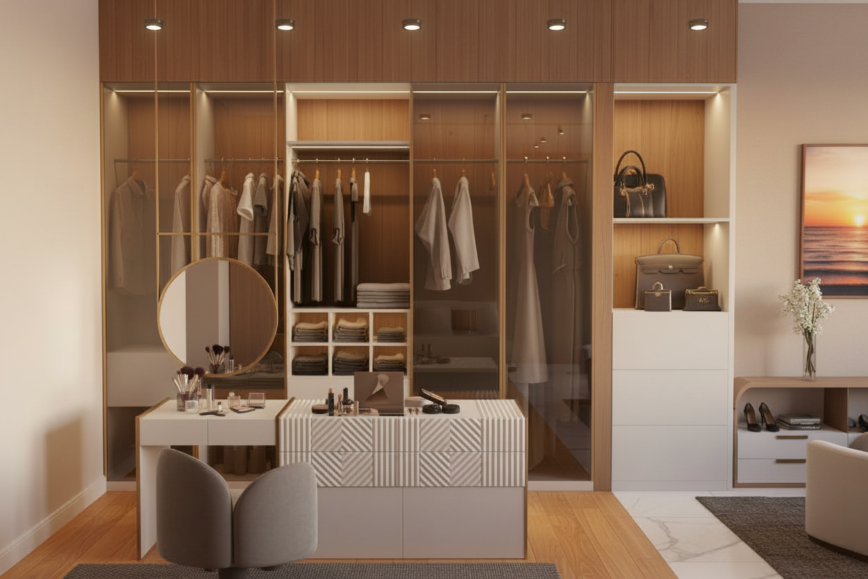 An incredibly lifelike, richly detailed, photorealistic interior photo of a contemporary walk-in closet set in a chic, elegant home. The scene is illuminated by the warm, soft glow of a sunset, creating a serene and inviting atmosphere. Captured with a wide-angle lens, emphasizing the expansive layout and the interplay of textures and finishes. The closet itself is a masterpiece of design, featuring sleek, brown-tinted glass doors framed by brushed gold accents, revealing meticulously organized clothing, handbags, and accessories within. Warm wood paneling lines the back of the open shelves, contrasting beautifully with the crisp white cabinetry and the neutral palette of the apparel. A prominent round mirror, encircled by a thin gold frame, hangs above a minimalist white vanity where makeup and beauty products are elegantly arranged, accompanied by a plush, modern grey chair. The floor is a sophisticated blend of bright, warm wood tones and cool white marble, separated by a subtle transition. A dark, textured rug anchors the seating area, while a framed artwork depicting a vibrant summer sunset on the beige wall adds a stroke of natural beauty. The meticulous placement of LED strip lighting throughout the cabinetry enhances the depth and highlights the luxurious materials, from the polished aluminum hardware to the subtle sheen of the handbags, all rendered with breathtaking realism
