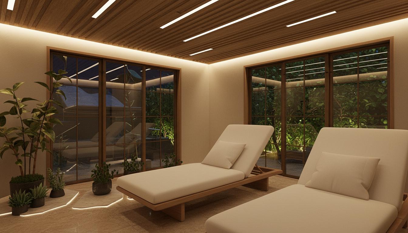 An incredibly lifelike, richly detailed, photorealistic interior photo of a luxurious wellness area with a spa-inspired design, set in a serene, minimalist haven during a summer night. The scene is illuminated by soft, indirect LED strip lighting that accentuates the contours of the slatted ceiling and the minimalistic water features, complemented by recessed floor lights that cast an ambient glow, creating a deeply calming atmosphere. Captured with a cinematic composition, this ultra-realistic night render emphasizes the tactile qualities of the polished stone flooring, the warm tones of the natural wood accents, the frosted glass of the steam room enclosure, and the soft textiles of the lounge chairs, all further enhanced by balanced reflections and deep shadows that contribute to the tranquil night mood. Visible through expansive, grid-paned windows are glimpses of lush greenery, suggesting an external spa-like setting, reinforcing the overall onsen aesthetic.