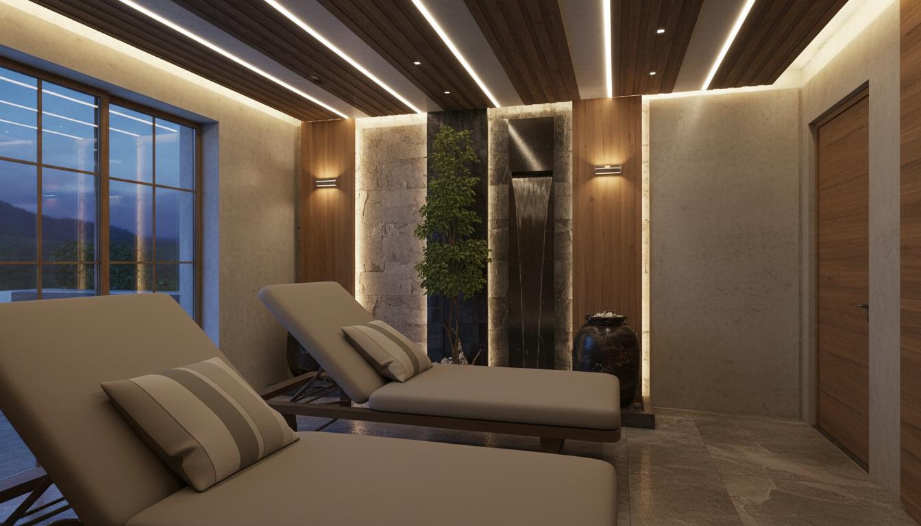 An incredibly lifelike, richly detailed, photorealistic interior photo of a luxurious wellness area with a spa-inspired design, set in the tranquil serenity of a summer night. The scene is illuminated by soft, indirect LED strip lighting that casts ambient glows, highlighting the textured natural stone flooring and the interplay of warm wood panels, polished concrete, and accent stone cladding on the walls, creating an earthy yet modern aesthetic. Two comfortable, taupe chaise lounges with subtly patterned throw pillows are arranged to face a large window overlooking a soft, twilight landscape, suggesting an outdoor onsen at dusk. A striking feature wall showcases dark, vertical stone elements interspersed with a slender, leafy tree and subtle water features that cascade down dark polished surfaces, evoking a minimalist haven. The minimalist ceiling features alternating dark and white stripes, with integrated LED strips providing a gentle, diffused light. A large, dark, ornate vase sits near the stone wall, adding to the sense of composed elegance. Captured with a wide-angle lens, the composition emphasizes the depth of the space, the rich textures of the materials, and the calming, atmospheric night mood. Subtle reflections on the polished stone floor and balanced, deep shadows contribute to the ultra-realistic rendering, inviting a feeling of utmost relaxation and rejuvenation.