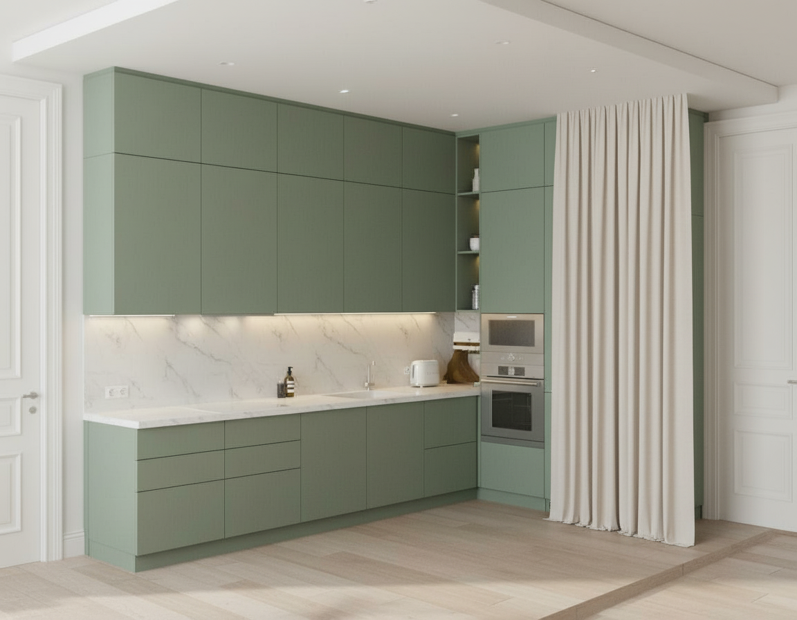 An incredibly lifelike, richly detailed, photorealistic interior photo of a shabby chic kitchen. The scene is illuminated by abundant natural daylight, enhanced by subtle under-cabinet lighting, creating a warm and inviting atmosphere. Captured with a wide-angle lens, the rendering emphasizes the elegant distribution of space and the interplay of light and shadow across the smooth, matte sage green cabinetry. The marble backsplash, with its delicate veins, provides a sophisticated contrast to the muted cabinet fronts, while the light wood-plank flooring adds a rustic charm. The white, tall doors in the background offer a clean, minimalist backdrop, allowing the kitchen's design to take center stage. A stainless steel oven and minimalist toaster on the pristine white countertop are rendered with exceptional detail, hinting at the functionality of this beautifully designed space. The perspective draws the viewer into the heart of the kitchen, inviting exploration of its soft, natural palate and understated elegance.