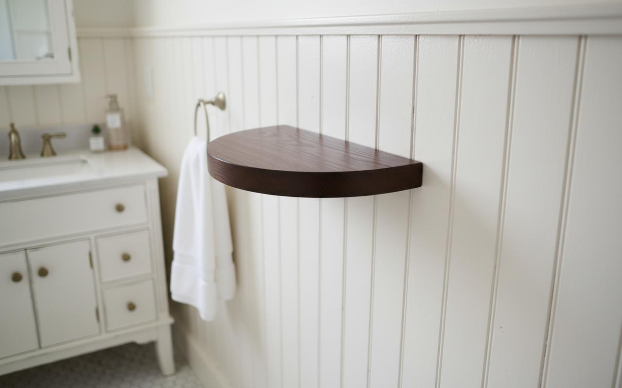 An incredibly lifelike, richly detailed, photorealistic architectural photo of a bathroom interior, capturing a serene and inviting shabby chic aesthetic. The scene is illuminated by soft, natural light filtering in from an unseen window, creating a tranquil atmosphere. Captured with a wide-angle lens, perhaps a 24mm, emphasizing the depth and breadth of the space. The focal point is a gracefully curving, dark stained wooden shelf, its rich grain subtly highlighted, appearing to float against a backdrop of elegant, off-white shiplap walls, a hallmark of shabby chic design. The texture of the wood is so palpable, one can almost feel its smooth, cool surface. Subtle reflections on the shelf's polished finish hint at decorative objects, though they are intentionally kept out of focus, allowing for a shallow depth of field that draws the viewer's eye directly to the shelf itself. The light casts soft, diffused shadows, adding to the room's gentle, lived-in character. This rendering, trending on Pinterest, perfectly encapsulates the romantic, vintage charm and relaxed elegance characteristic of shabby chic interior design.