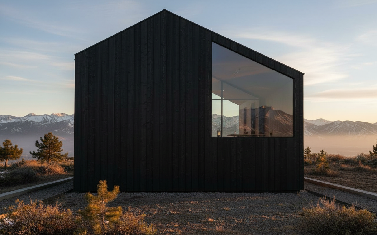 An incredibly lifelike, richly detailed, photorealistic architectural photo of a minimalist mountain refuge. The scene is illuminated by the soft, warm glow of sunrise on a crisp spring morning, casting long shadows across the snow-dusted ground and the native Sierra vegetation. The refuge itself is clad in dark, charred wood siding, each plank exhibiting the subtle variations and textures of burned timber, creating a striking, almost monolithic appearance. A dramatic angular window, breaking free from the dark facade, opens to reveal glimpses of a serene interior and reflects the soft morning light. The overall atmosphere is one of tranquil solitude, a minimalist haven nestled within the quiet grandeur of the mountains, evoking the peaceful ritual of an onsen experience.