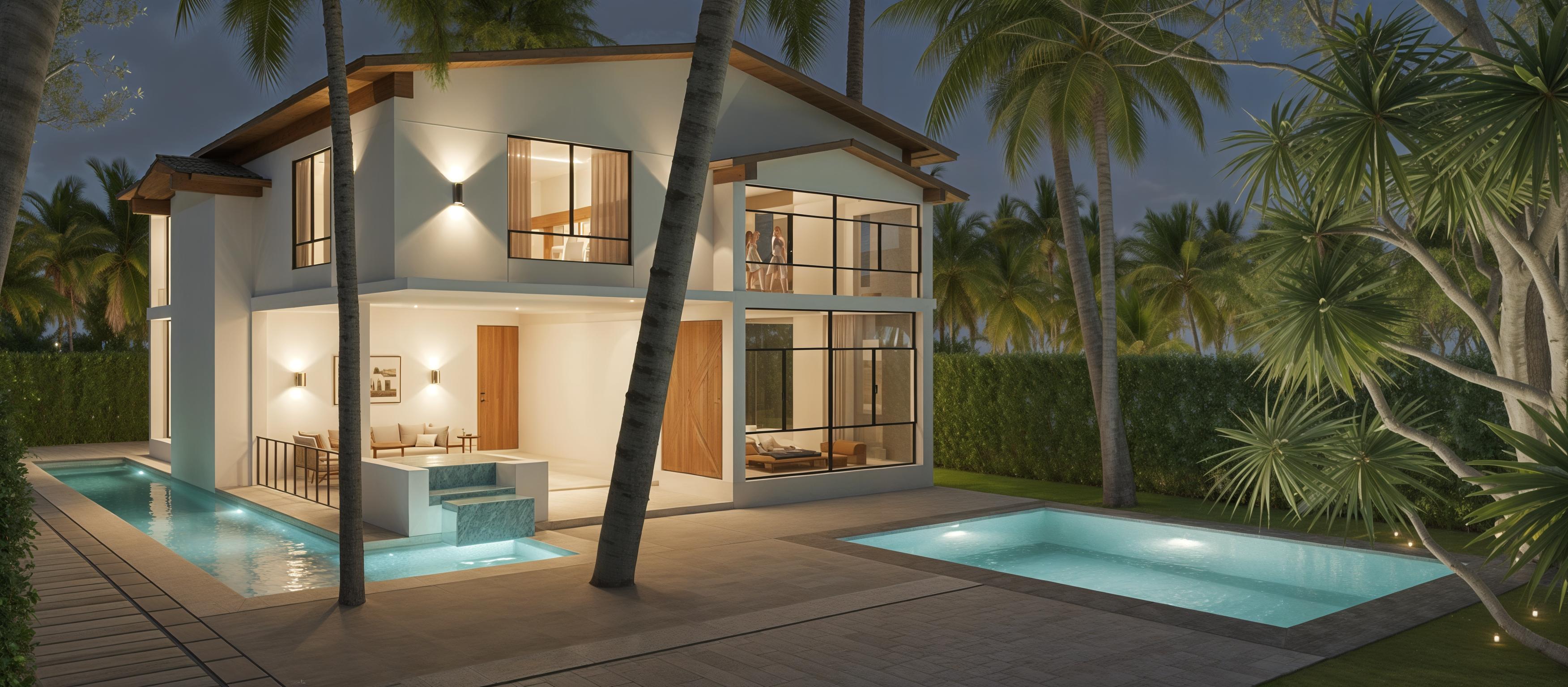 A photorealistic, medium shot of a modern resort villa in Norshingdhi, Bangladesh, at night. The villa features crisp white walls, dark-framed windows, and a layered, tiled roof. Strategically placed exterior lighting casts a warm, inviting glow on the facade, highlighting features like the stepped water feature leading to a small adjoining pool. The swimming pool area in front of the villa is illuminated, its turquoise water reflecting the ambient light. A lush green boundary wall, likely a hedge, encloses the property, and the presence of mature palm trees and other tropical foliage suggests a warm climate. The surrounding grounds are paved with textured grey stones, contrasting with the dark wooden accents visible on the rooftop, hinting at a modern yet natural aesthetic. The scene feels serene and luxurious, designed for relaxation and enjoyment, evoking a tropical resort feel with subtle shabby chic elements in its integration with the natural surroundings.