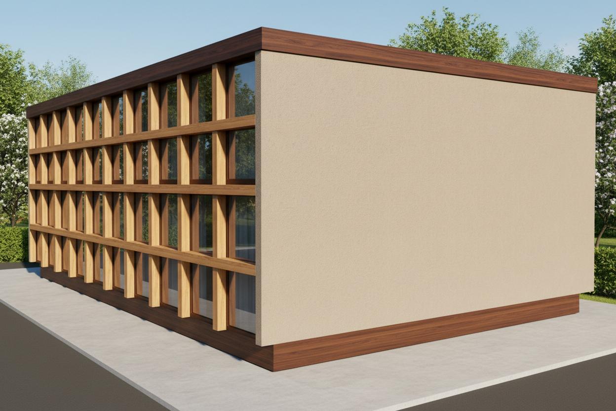 An incredibly lifelike, richly detailed, architectural photo of a minimalist haven set in a serene, sun-drenched spring midday. The scene is illuminated by bright, natural light, creating a peaceful and uncluttered atmosphere. Captured with a medium-wide lens, emphasizing the clean lines and textural interplay of light wood tones and a warm, sandy facade. The building presents a sleek, modern profile with a dark wood trim capping its form and a band of the same rich wood anchoring its base. The dominant facade features a large, smooth expanse of textured plaster in a calming tan hue, suggesting a space dedicated to quiet contemplation. To the left, a rhythmic facade of vertical wooden slats and horizontal beams creates a louvred effect, hinting at filtered light and ventilation. The surrounding environment is suggested by a clean, light gray concrete slab, providing a neutral canvas for the structure. The composition draws the eye across the building's length, highlighting its functional simplicity and elegant restraint, embodying a Zen-inspired aesthetic where every element serves a deliberate purpose.