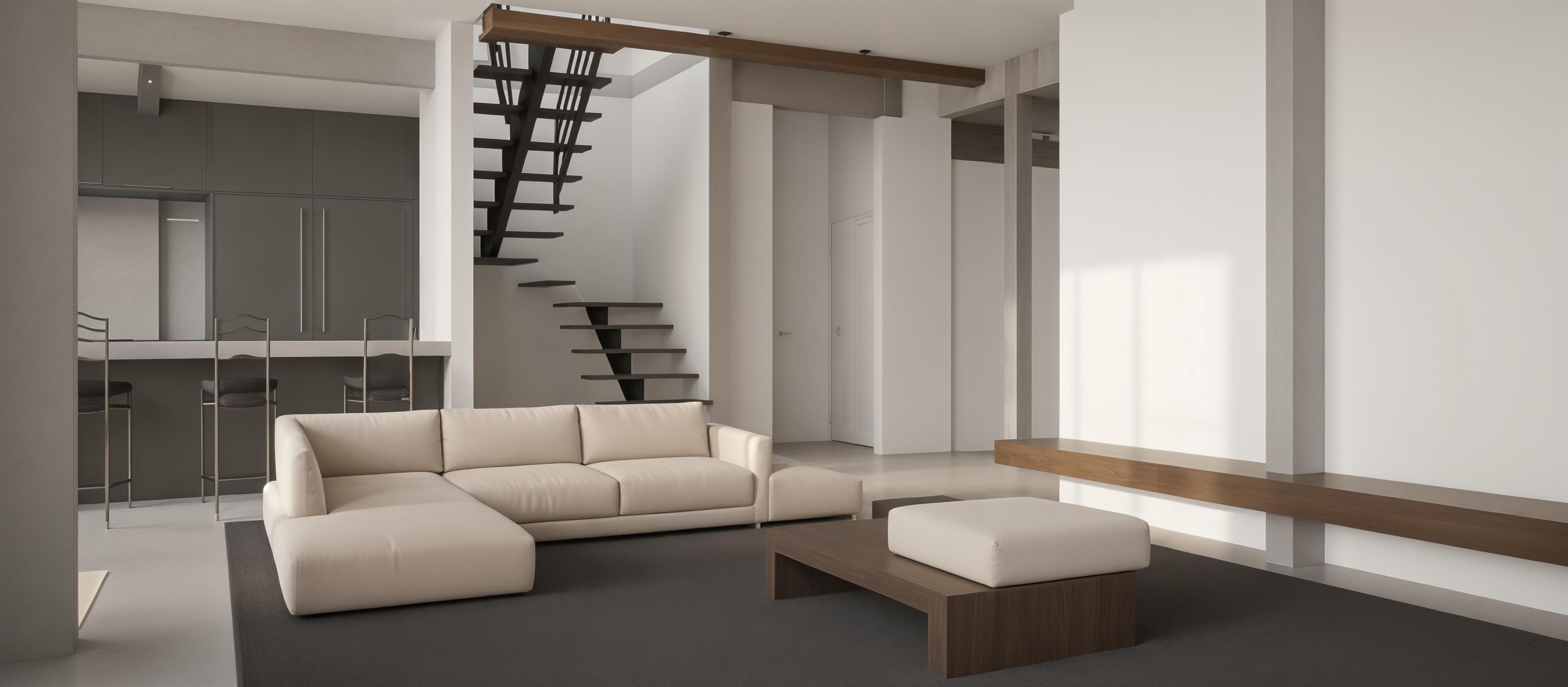 An incredibly lifelike, richly detailed, photorealistic interior photo of a spacious living room set in a modern urban loft. The scene is illuminated by bright midday summer sun streaming in, creating a warm and inviting atmosphere. Captured with a wide-angle lens, emphasizing the open-plan layout and the interplay of natural light with the clean, minimalist design. Dominating the space is a plush, cream-colored sectional sofa paired with a dark, low-profile coffee table topped with a matching cream ottoman, all set against a dark grey rug that grounds the seating area. To the left, a sleek, grey kitchen island with textured stone countertop hosts three elegant, high-backed metal stools, suggesting a seamless transition between cooking and entertaining. The backdrop features dark grey cabinetry with integrated refrigerator doors, hinting at a sophisticated, understated kitchen. A striking, open-riser staircase with dark wood treads and minimalist metal supports ascends to a mezzanine level, its design a bold architectural statement. The walls are a clean white, providing a canvas for the subtle textures and the dramatic structural elements, such as the minimalist grey column and the exposed wooden beam supporting the upper level. The overall impression is one of airy, contemporary living, trending on Pinterest for its chic yet comfortable ambiance.