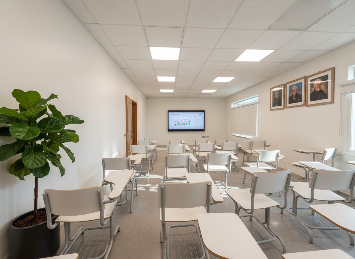 An incredibly lifelike, richly detailed interior photograph of a training conference room set in a modern institutional building. The scene is efficiently illuminated by recessed square fluorescent lights, creating a functional and slightly sterile atmosphere. Captured with a wide-angle lens, emphasizing the rows of attached desks and chairs, the stark white walls, and the framed portraits of distinguished individuals.

This reimagined training conference room transcends its utilitarian origins to become a space that inspires learning and collaboration. The drab, institutional feel is replaced with a warmer, more engaging aesthetic. The original wall, devoid of any focal point apart from a few portraits, would now feature a sleek, integrated 100-inch LED screen seamlessly built into the wall, ready for dynamic presentations. The worn carpet is gone, replaced by a durable yet elegant polished concrete floor in a soft, dove-grey hue, accented with subtle, random aggregate. This choice offers a modern, low-maintenance surface that also provides a sense of understated sophistication.

Imagine stepping into this space on a bright, late morning. Sunlight streams in from a discreetly placed window, casting long, peaceful shadows and highlighting the textures within. A large, healthy Fiddle Leaf Fig stands proudly in a matte black ceramic planter in one corner, its broad leaves reaching towards