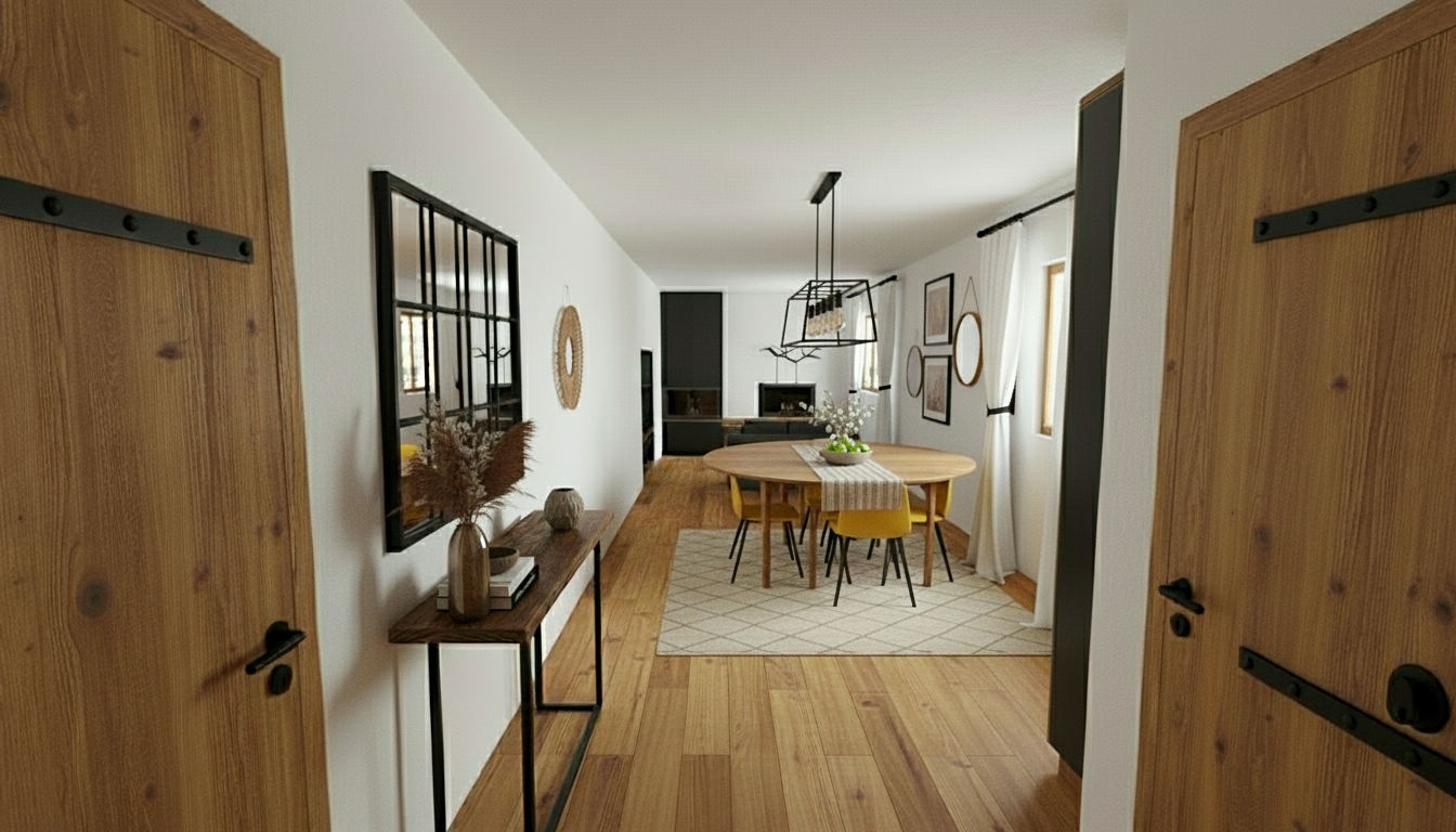 An incredibly lifelike, richly detailed, photorealistic interior photo of a rustic living room. The scene is illuminated by soft, ambient light, perhaps from a diffused window just out of frame or well-placed interior lighting, creating a warm and inviting atmosphere. Captured with a wide-angle lens from a slightly low perspective, this rendering emphasizes the spaciousness and clean lines of the room, drawing the viewer's eye towards the fireplace and seating area. The walls are a clean white, providing a subtle contrast to the rich, honey-toned hardwood flooring that runs throughout the space. To the left, a sleek, modern fireplace is flanked by built-in shelving or cabinets with a dark, matte finish. Opposite, a plush, charcoal-gray sofa is positioned to face the fireplace, with two framed artworks hanging above it. A round, wooden dining table with bright yellow chairs sits in the mid-ground, adding a pop of color and a casual dining nook to the otherwise serene setting. The wooden doors on either side of the frame, with their prominent grain patterns, provide a rustic touch and frame the view into the main living area. Hints of detail, like the subtle texture of the white walls and the sheen on the wooden floor, suggest a high level of realism, making