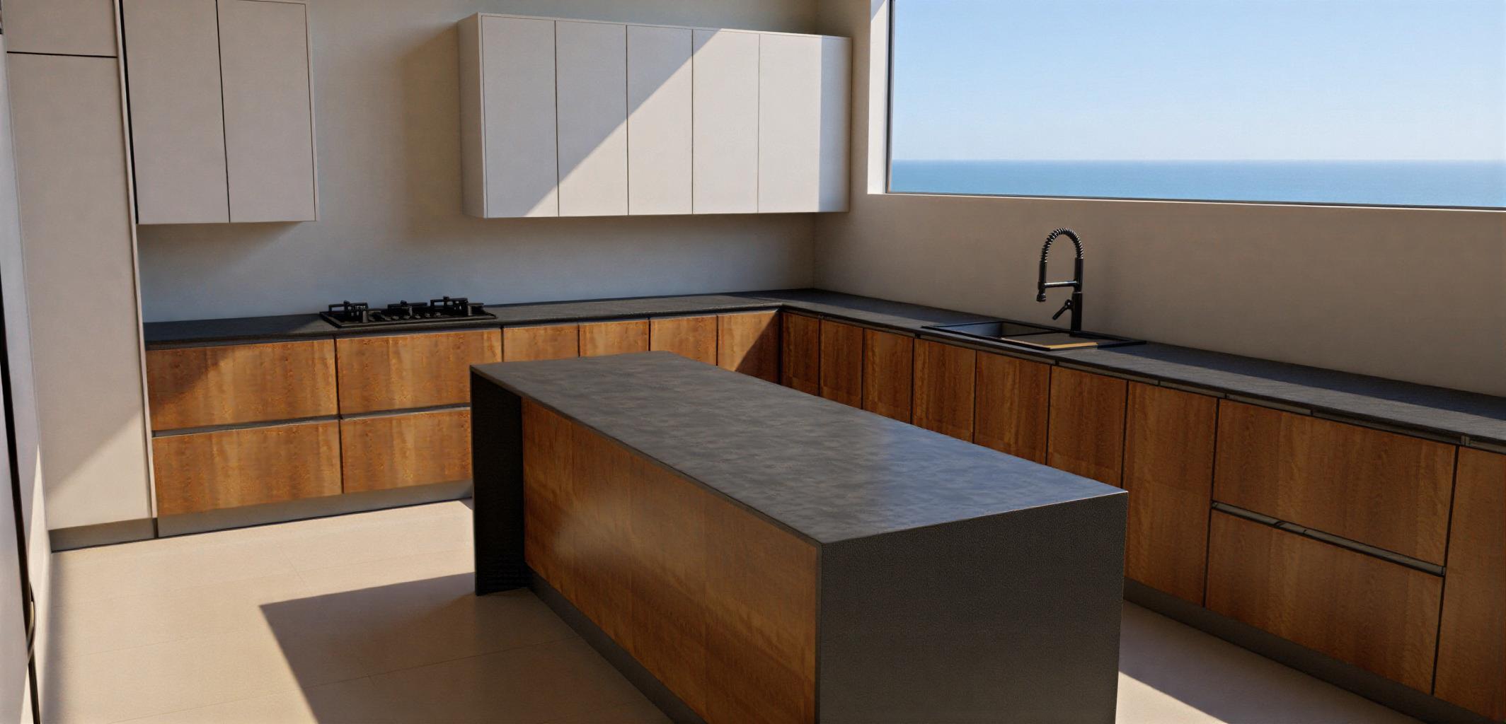 An incredibly lifelike, richly detailed, photorealistic architectural photo of a modern L-shaped kitchen with a central island, set in a minimalist interior. The scene is illuminated by soft, natural light streaming from an unseen large window, creating a clean and inviting atmosphere. Captured with a wide-angle lens, emphasizing the sleek lines and contemporary design, highlighting the interplay of warm wood tones, dark countertops, and crisp white cabinetry. The kitchen features a distinct contrast between the warm, natural wood grain of the lower cabinets and island, which is punctuated by thin, horizontal brushed metal pulls, and the smooth, dark gray textured material of the countertops and island surface, suggesting a durable, high-quality finish. Above, sleek, flat-panel white cabinets are strategically placed, some appearing to be integrated into the wall, offering ample storage without visual clutter. The layout is functional and open, with the island serving as a focal point and potential gathering space. The overall impression is one of sophisticated simplicity and efficient design, perfect for a contemporary living space.