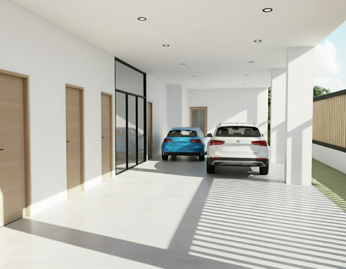 An incredibly lifelike, richly detailed, photorealistic interior photo of an exhibition space set in a modern, minimalist architectural context. The scene is illuminated by the soft, diffused light of a bright afternoon, creating a clean and airy atmosphere with striking geometric shadow patterns cast by the overhang. Captured with a wide-angle lens, emphasizing the expansive, smooth, matte white walls with flush doors and the subtly textured, light grey concrete flooring. The minimalist design is further enhanced by the clean lines of recessed ceiling lights and a large, dark-framed glass partition that hints at additional, unseen areas. A dark blue sedan is the sole object in the space, its polished surface reflecting the sharp, linear shadows from the external structure. The rendering feels professional and curated, as if intended for a design magazine or a high-end architectural portfolio showcasing simplicity and clean design.