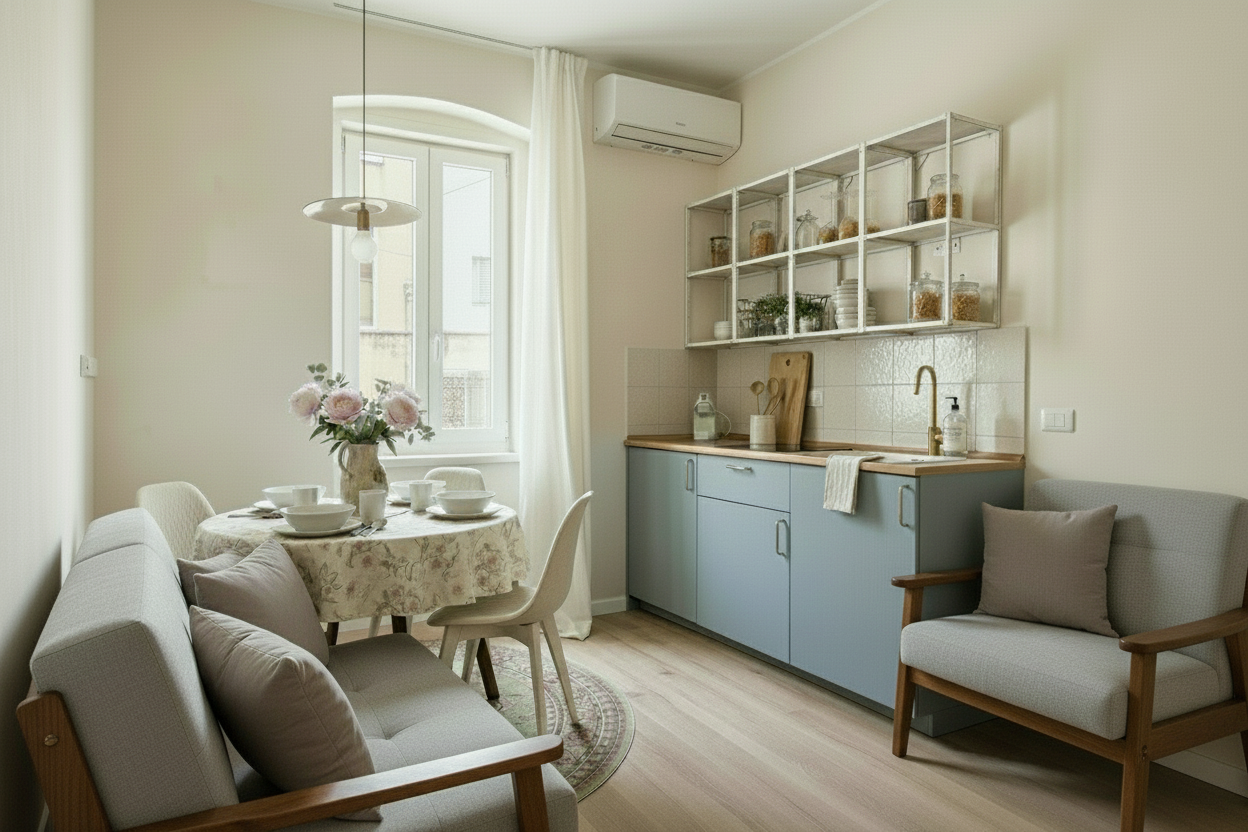 An incredibly lifelike, richly detailed, interior photo of a cozy living room set in a charming, slightly weathered apartment building in the heart of a historic European city. The scene is illuminated by soft midday light streaming through a large, multi-paned window, creating a warm and inviting atmosphere. Captured with a wide-angle lens, emphasizing the textures of aged wood, worn linen, and subtle pops of desaturated color.

The original design is revitalized with a more defined Shabby Chic aesthetic. The walls, previously a stark white, are now a soft, creamy off-white with a subtle, hand-painted watercolor effect, reminiscent of aged plaster. The neutral pale wood flooring remains, providing a natural foundation. The dining area, featuring a round, dark wood table and four black molded chairs, is softened with a vintage-inspired, round Persian rug in muted rose and sage green tones. The chairs, while retaining their modern lines, are updated with slipcovers in a natural linen that spills onto the floor, lending an air of casual elegance. The centerpiece of the table is no longer a dried arrangement, but a delicate ceramic pitcher filled with fresh, pale pink peonies and eucalyptus, set on a lace doily.

The kitchen area, which was stark and modern