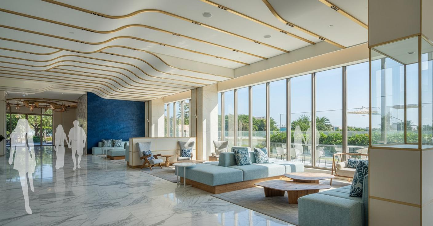 An incredibly lifelike, richly detailed, photorealistic interior photo of a resort hotel lobby in An Ping Harbor, Tainan, Taiwan. The scene is illuminated by bright midday summer sun, creating a warm and inviting atmosphere. Captured with a wide-angle lens, emphasizing a spacious and airy feel, the rendering showcases a coastal-inspired shabby chic aesthetic. The lobby features a stunning wavy ceiling with gold accents, leading the eye towards a soothing blue textured wall that evokes the ocean. Light blue sofas and chairs, upholstered in natural, breathable fabrics, are arranged around rustic coffee tables. The expansive marble flooring with subtle veining reflects the abundant natural light pouring in through large glass windows that offer glimpses of lush greenery and a hint of the nearby harbor. Scattered pillows with intricate blue and white patterns add to the coastal charm, while the overall design suggests a relaxed yet sophisticated ambiance, perfect for a seaside escape.