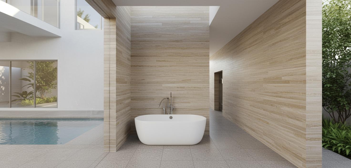 An incredibly lifelike, richly detailed, photorealistic interior photo of a semi-outdoor bathing sanctuary set in a minimalist haven. The scene is illuminated by the soft, diffused light of a clear afternoon, creating a comfortable and serene atmosphere. Captured with a wide-angle lens, emphasizing the clean lines and geometric forms of the architecture, the rendering draws the viewer into this tranquil space. The walls are clad in horizontally laid travertine tiles, their subtle texture and warm, neutral tones exuding natural elegance, while the floor is finished with matte-glazed granite tiles, providing a sophisticated and practical surface. A freestanding, sculptural white bathtub serves as the focal point, its smooth, organic curves contrasting beautifully with the linear elements of the architecture. A sleek, modern faucet emerges from the tiled wall, hinting at the functional luxury of the space. Large glass panels reflect the clean lines of the structure and offer glimpses of an adjacent pool area, seamlessly blending the indoor and outdoor environments. The subtle inclusion of lush green landscaping at the periphery suggests a serene, natural setting, completing the impression of a private, rejuvenating onsen experience.