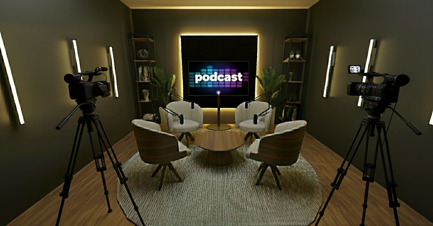 An incredibly lifelike, richly detailed, photorealistic interior photograph of a podcast recording studio set in a modern, intimate environment. The scene is illuminated by balanced and natural light, creating a warm and inviting atmosphere. Captured with a wide-angle lens, emphasizing the rich textures of the wood-grain laminate flooring and the sophisticated matte finish of the dark charcoal walls, a striking contrast to the subtle, elegant marbleized texture of the side walls in a "Cerrado" hue. Three wall sconces on each side cast soft, indirect light, complementing the neutral white ceiling and contributing to a cozy ambiance. The focal point of the room is a central arrangement featuring a sleek, modern round coffee table paired with four swivel armchairs. These "MA30 Stella Nozes/Linho Bege D03 - D'Rossi" armchairs, upholstered in a light beige linen, each host a professional boom microphone, poised for recording. Beneath this setup, an "Artemis 2.00 Round Des 003 Stonede Carpet" defines the gathering space with its subtle, striated pattern. The background wall is a masterpiece of acoustic paneling, with nine panels artfully arranged to form a central black square, subtly absorbing light and sound. The overall composition