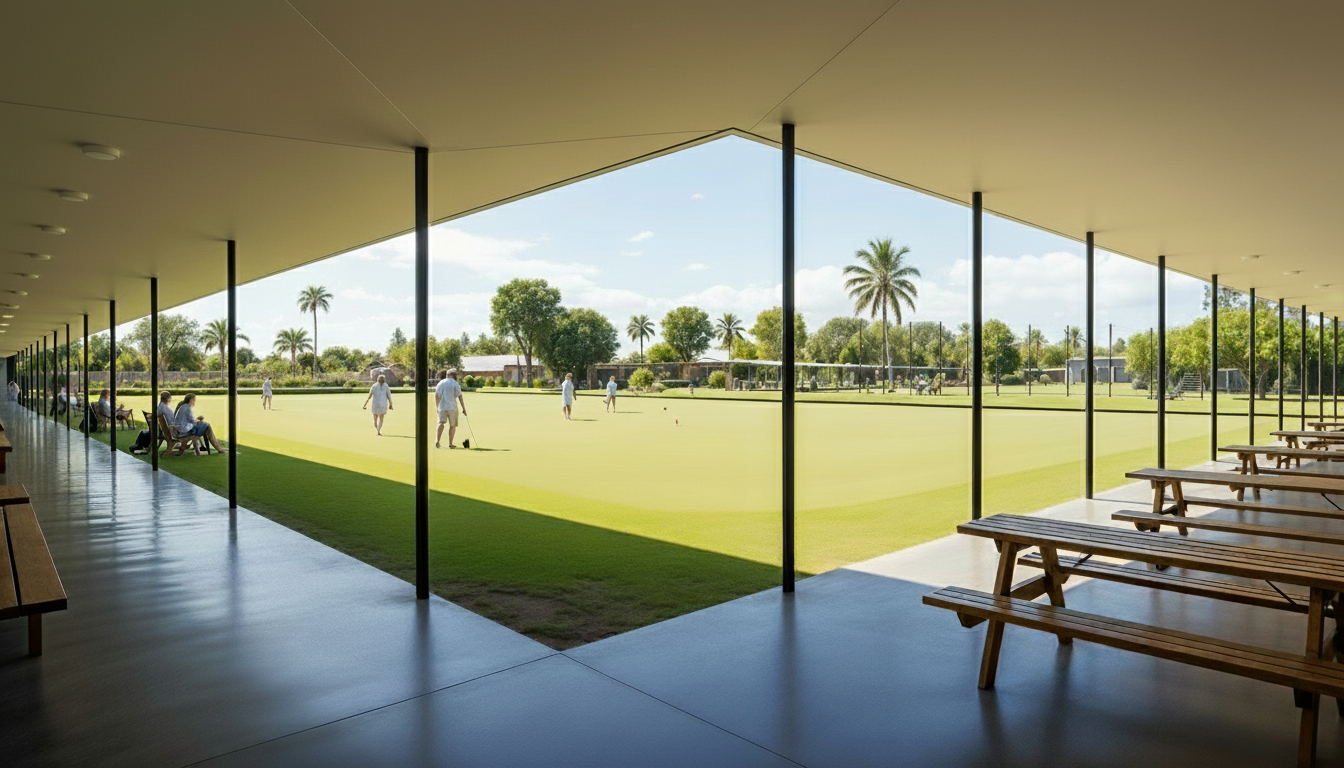 An incredibly lifelike, richly detailed, photorealistic interior photograph of an outdoor patio at the Nikao Social Centre in Rarotonga, Cook Islands. The scene is illuminated by the bright tropical sun, casting long, dynamic shadows across the polished concrete floor, creating a warm and inviting atmosphere. Captured with a wide-angle lens, the perspective emphasizes the spaciousness of the covered patio, which features a row of traditional wooden picnic tables suggesting a rustic charm, all facing a perfectly manicured lawn. Through the expansive floor-to-ceiling glass panels, dotted with slender black support columns forming a rhythmic pattern, a vibrant green lawn bowl area is visible. Lawn bowl players in action and spectators casually observing their game are dispersed across the field, blending seamlessly with the lush landscaping of palm trees and other tropical greenery that defines the location. The composition draws the viewer's eye from the interior's cool shade to the sun-drenched activity outside, highlighting the seamless integration of indoor and outdoor leisure spaces. Reflections on the polished floor add depth and realism, while the subtle texture of the concrete and wood grains contribute to the overall tactile quality of the rendering.