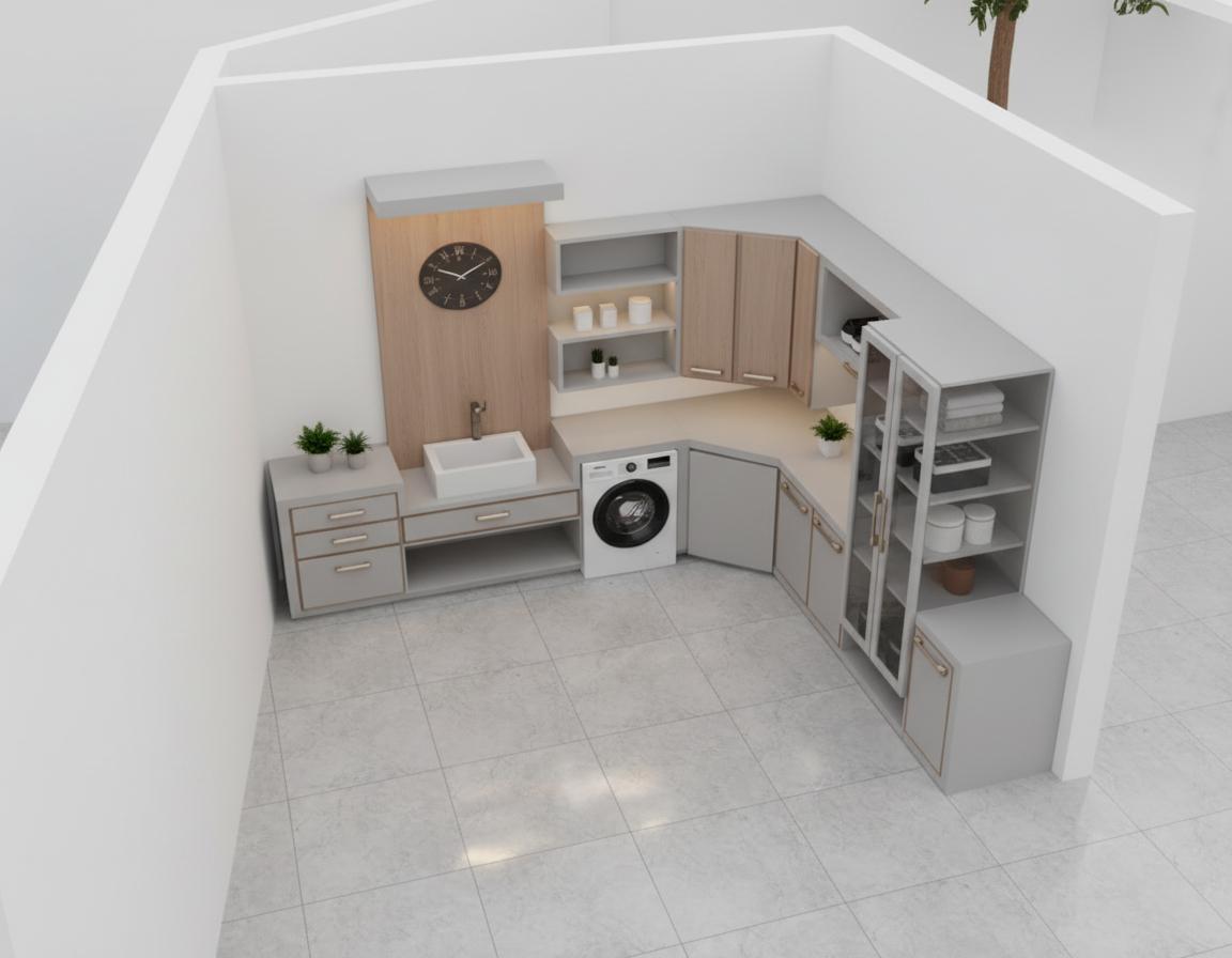 An incredibly lifelike, richly detailed, photorealistic interior photo of a laundry room designed as a minimalist haven. The scene is illuminated by soft, natural light filtering in from an unseen window, creating a serene and uncluttered atmosphere. Captured with a wide-angle lens, emphasizing the sleek metal and wooden furniture and the subtle interplay of white, gray, and pastel hues. The monochromatic color palette, accented by a few carefully placed indoor plants, enhances the Zen-inspired aesthetic. Clutter-free surfaces abound, with only essential items like a modern sink, sleek cabinetry, and a seamlessly integrated washing machine visible. A large, minimalist clock adorns the wooden accent wall, its dark face a striking contrast against the warm wood grain. The floor is tiled in a subtle, marbled pattern of grays and whites, mirroring the overall sense of calm and order. A tall, glass-fronted cabinet on the right adds a touch of elegance, its transparent doors hinting at the minimalist storage within. The overall impression is of a functional, streamlined, and elegant space, reminiscent of a page from a high-end interior design photography book.