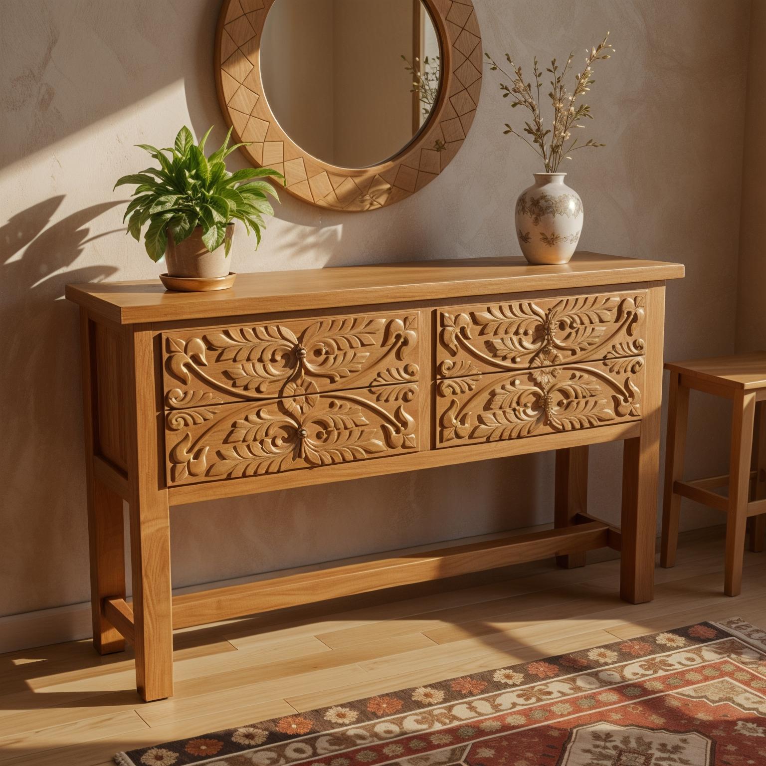 An incredibly lifelike, richly detailed, photorealistic wide shot of a rustic Western living room corner set in a sun-drenched ranch house. The scene is illuminated by soft, warm daylight with strategic pockets of direct sun exposure, casting gentle shadows and highlighting the textures, creating a refined rustic ambiance. Captured with a wide-angle lens, emphasizing the craftsmanship of the console table and its harmonious integration into the space. The star of the scene is a substantial console table, its warm, natural wood finish showcasing intricate floral carvings on its three drawers and a substantial, planked tabletop. It stands regally against a backdrop of a textured, rustic Western-inspired wall, its imperfections adding to the character. Above the console, a circular carved wooden mirror, its geometric patterns echoing the fluidity of the drawer carvings, draws the eye. On the tabletop, a simple yet elegant ceramic vase bursts with the natural grace of tall, dried branches, their delicate forms contrasting with the solid wood. To the left, an lush green indoor plant in a terracotta pot adds a vibrant splash of life, its leaves catching the light. Beneath the console and rug, warm-toned, wide-plank wood flooring glows, its natural grain adding depth. A richly patterned Southwestern rug, in earthy reds and creams