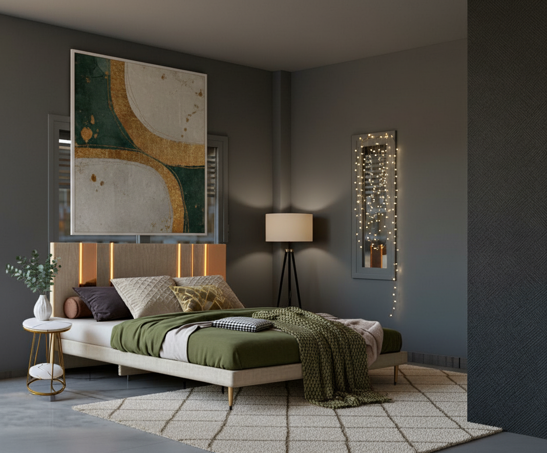 The photo presents a bedroom space, imbued with a rustic, albeit undefined, aesthetic. The focal point is a bed with a softly textured, off-white upholstered headboard interspersed with vertical, light-toned panels, which introduces a subtle elegance to the room. The bed is dressed with a green duvet, accented by a selection of pillows in varying shades, sizes, and textures, lending a comfortable and inviting feel. A side table with a marble top and golden legs stands beside the bed, adding a touch of sophistication. Natural light streams through a large window featuring horizontal blinds, and a slim window on the right side of the frame; both of which are framed by the same dark-toned material as the wall, suggesting a unified color palette. The flooring appears to be a reflective, bluish tile, creating a somewhat stark contrast with the warmer tones of the bedding and side table. The walls and overall ambiance are rendered in shades of muted blue, suggesting a serene environment. The scene evokes a sense of contemporary, uncluttered living space.