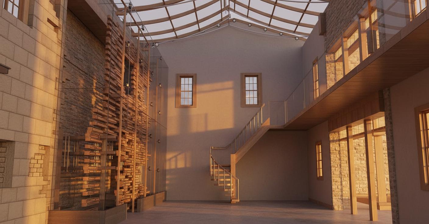 An incredibly lifelike, richly detailed, interior photo of a renovated old building transformed into an art gallery, bathed in the warm glow of a sunset, creating a rustic and inviting atmosphere. The scene is illuminated by soft, golden light streaming through a slatted wooden and white cable-reinforced glass ceiling, casting dramatic shadows that highlight the textured brick walls and the raw, industrial feel of the space. Captured with a wide-angle lens, the perspective emphasizes the grandeur of the high ceilings and the interplay of light and shadow across the varied surfaces.

To the left, a striking wooden lattice structure, reminiscent of a modern facade combined with a glass curtain wall, contrasts with the exposed brickwork. This element seems to invite natural light deep into the interior, blurring the lines between indoor and outdoor. The second-floor platform features glass railings, offering unobstructed views of the exhibition area below. The walls of the gallery are a prominent feature, constructed from rough-hewn, light-toned bricks, their uneven texture adding a sense of history and tactility.

In the center of the composition, a sleek, modern staircase with light wooden treads and a metal balustrade ascends, providing a point of visual interest and a pathway to the upper levels. The warm tones of the wooden window