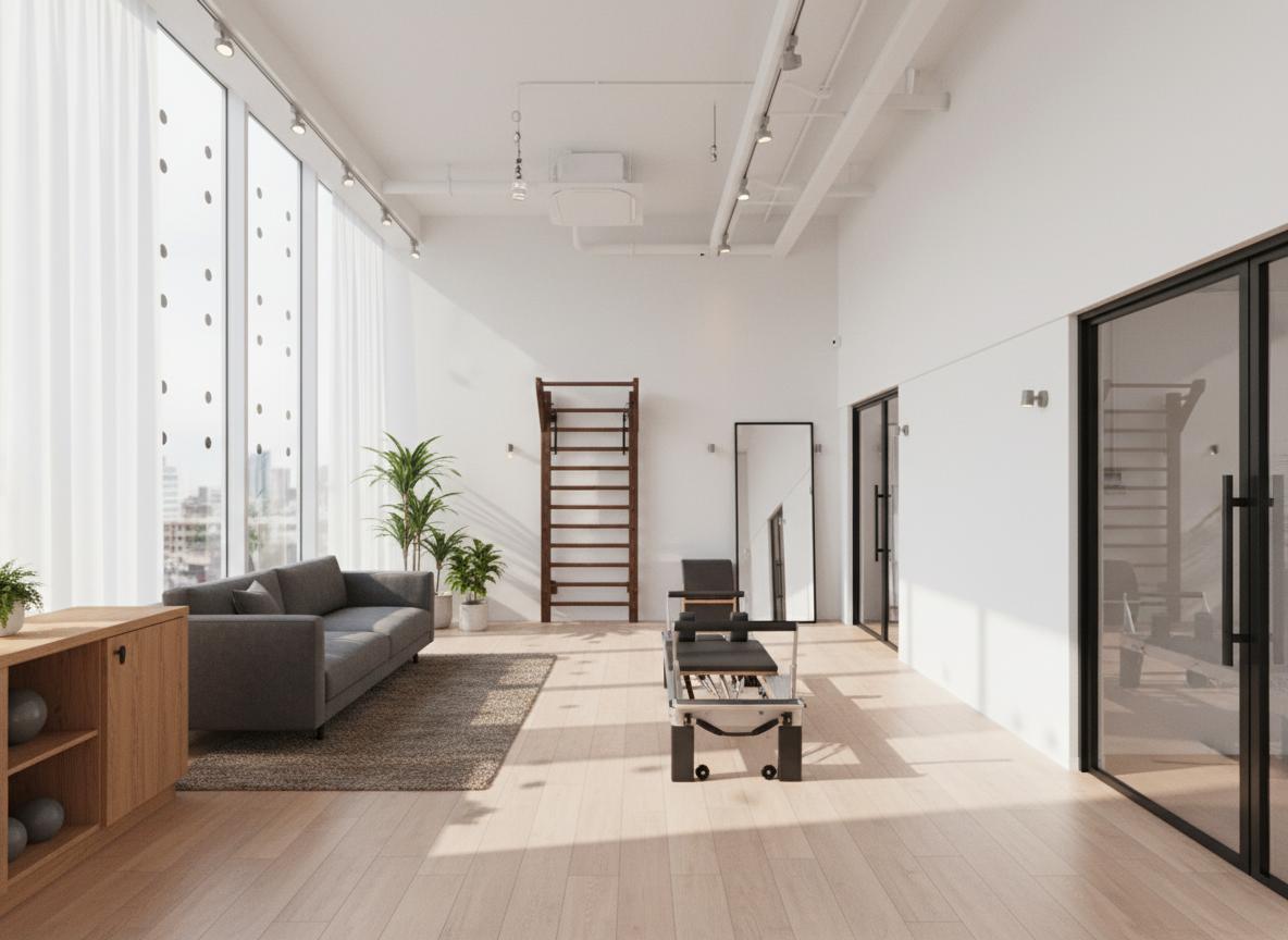An incredibly lifelike, richly detailed, photorealistic interior photo of a fitness studio set in a modern urban environment. The scene is illuminated by soft, diffused midday light streaming through large, floor-to-ceiling windows, creating a warm and inviting atmosphere. The original white walls and light wood flooring remain, complemented by light, sheer curtains that soften the daylight, adding a touch of coziness. Against the central wall, a sleek, dark wood calisthenics stall bar stands as a functional art piece. Beside the black-framed entrance doors, a tall, minimalist standing mirror reflects the serene space. Towards the windows, a plush, charcoal grey sofa and a textured, earth-toned rug define a comfortable waiting area, accented by a selection of vibrant green potted plants placed strategically to bring life into the room. To the left, integrated cabinets and shelving in a natural oak finish offer ample storage, maintaining the rustic yet clean aesthetic. In alignment with the functional purpose of the gym, a meticulously maintained Merrithew Pilates Reformer and Cadillac are positioned for optimal use, showcasing a blend of high-quality equipment within a welcoming and aesthetically pleasing environment. The overall composition balances functionality with comfort, ensuring the space feels both inspiring and serene, with the rhythmic shadows from the external window design