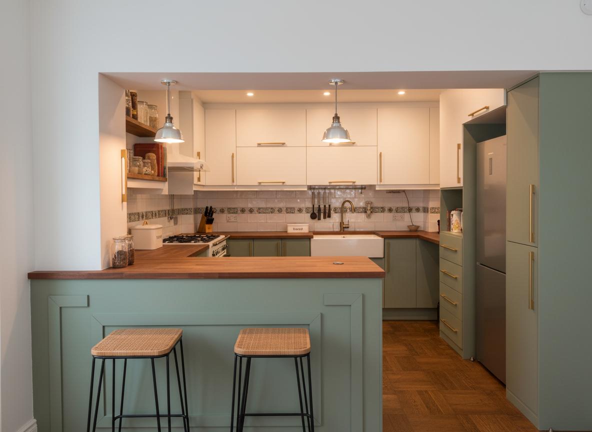 An incredibly lifelike, richly detailed, interior photo of a vintage kitchen reimagined with modern functionality and a cozy, lived-in feel. The scene is illuminated by warm, ambient lighting emanating from subtle recessed ceiling fixtures and decorative pendant lights above the island, creating a welcoming and intimate atmosphere. Captured with a wide-angle lens, emphasizing the rich textures of natural wood cabinetry, the subtle sheen of antique brass hardware, and the intricate patterns of a classic subway tile backsplash. The original beige and cream color palette is elevated with a sophisticated blend of muted sage green for the lower cabinets and a creamy off-white for the uppers, accented by a rich walnut butcher block countertop. The breakfast bar is transformed into a functional island with concealed storage and bar stool seating, inviting casual dining and conversation. A vintage-inspired range with a modern induction cooktop takes center stage, flanked by open shelving displaying a curated collection of ceramic pottery and antique cookbooks. The cluttered tile backsplash is replaced with a timeless, handcrafted ceramic tile in a subtle, earthy tone, bringing a sense of calm and refinement. The worn terracotta floor is now a beautifully restored dark oak parquet, adding warmth and grounding the space. Large, white-framed double-hung windows, not visible in the original image, are imagined to