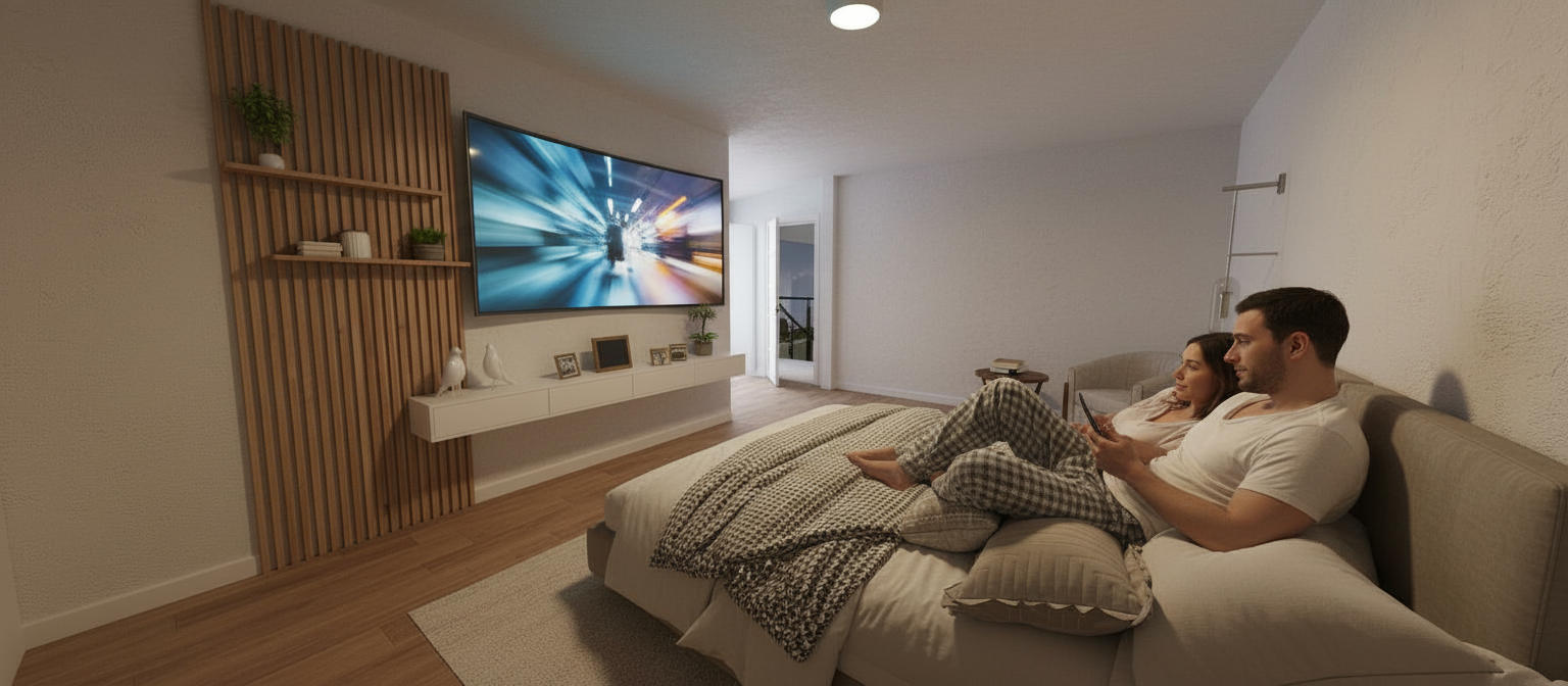 An incredibly lifelike, richly detailed, photorealistic interior photo of a principal bedroom set in a cozy, dimly lit home. The scene is illuminated by a single, soft overhead ceiling light, creating a warm and inviting ambiance reminiscent of a tranquil night. Captured with a wide-angle lens, emphasizing the expansive yet intimate feel of the space, this rendering expertly showcases the shabby chic aesthetic. Natural light struggles to peek through a distant doorway, hinting at the outside world while maintaining the bedroom's secluded comfort. The textured white walls, a common characteristic of the style, absorb the light, creating soft shadows that add depth and character. A plush, king-sized bed dominates the foreground, adorned with a generous collection of pillows in varying textures and patterns, draped with a classic houndstooth throw. To the left, a sleek entertainment console is mounted below a large, curved television, complementing the minimalist vertical wood slat accent wall. The warm wooden flooring and hints of greenery from the decorative plants add natural elements, grounding the design. Nearby, a charming, albeit slightly worn, occasional chair sits beside a small, intricately designed side table, completing the room's inviting and lived-in feel. The scene is rendered with meticulous attention to detail, from the subtle sheen on the throw pillows