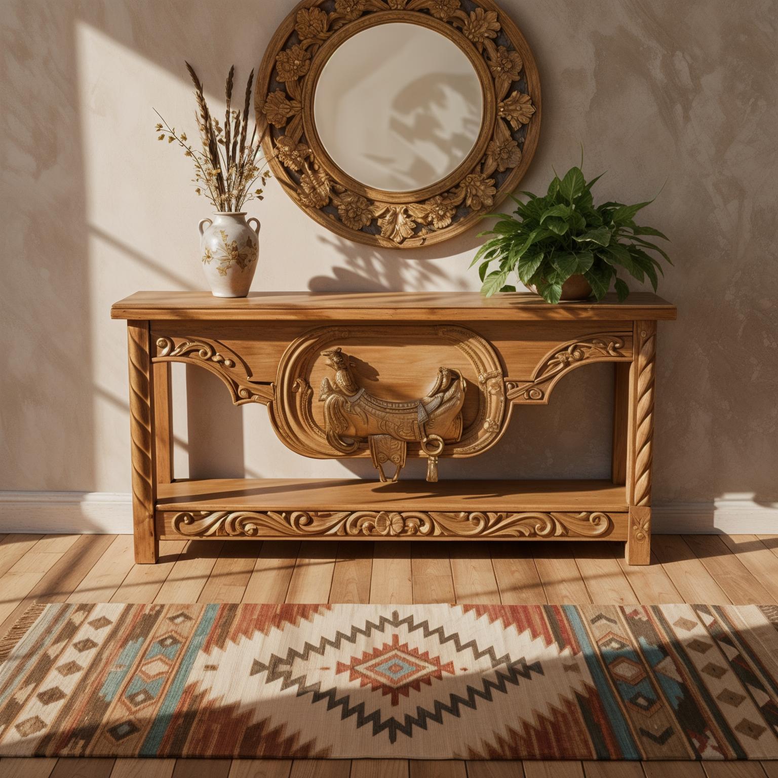 An incredibly lifelike, richly detailed, photorealistic interior magazine photoshoot of a rustic Western-inspired living room set in a sun-drenched hacienda. The scene is illuminated by soft daylight with direct sun exposures casting warm, elongated shadows, creating a refined yet inviting atmosphere. Captured with a high-resolution camera and a wide-angle lens, emphasizing the intricate carvings of the console table and the textured surfaces of the environment. The focal point is a stunning carved wood console table with a warm, natural wood finish, featuring three ornate floral drawers that gleam subtly under the light. It stands gracefully against a rustic Western-inspired wall, its weathered texture providing a perfect backdrop. Above it, a round carved wooden mirror with a sunburst motif reflects the ambient light, enhancing the sense of space. On the tabletop, a handcrafted ceramic vase filled with tall, elegant dried branches adds a touch of organic artistry, flanked by lush green indoor plants that bring a vibrant splash of life to the composition. Below, warm-toned wide plank wood flooring leads the eye to a richly patterned Southwestern rug, its geometric designs and earthy hues grounding the scene. The overall impression is one of balanced asymmetry, with the carefully curated elements creating a harmonious and functional display that speaks to both heritage and contemporary living,