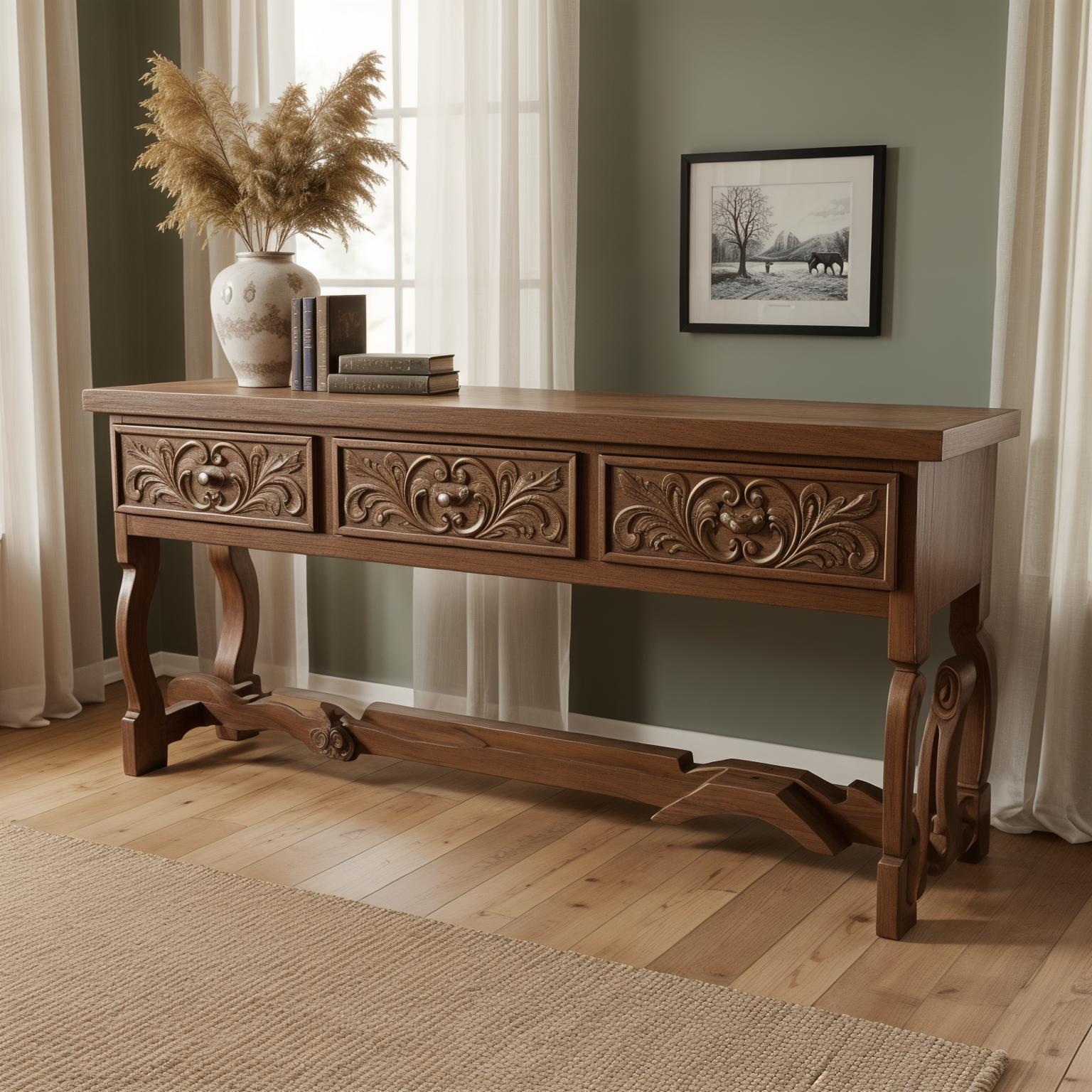 An incredibly lifelike, richly detailed, photorealistic interior photo of a simple modern rustic living room set in a tranquil home. The scene is illuminated by soft, diffused natural daylight filtering through large windows dressed with light, airy curtains, creating a calm and inviting atmosphere. Captured with a wide-angle lens, emphasizing the clean lines of the wooden sideboard and the warm tones of the polished wooden floor. The sideboard itself features a contemporary design with clean lines and sleek glass cabinet doors, a stark contrast to the heavy carvings of the original. On its surface, only one or two minimalist potted plants and a single framed picture leaning elegantly against the plain, uncluttered background wall; the overall style is an exercise in sophisticated restraint. Wooden floors, a natural jute rug, and the inherent warmth of the wood sideboard contribute to an atmosphere of serene naturalism. The composition achieves perfect balance, with the sideboard acting as a grounding element that doesn't overwhelm the space. The human scale is respected, with ample room to move around, promoting a sense of peace and effortless elegance.
