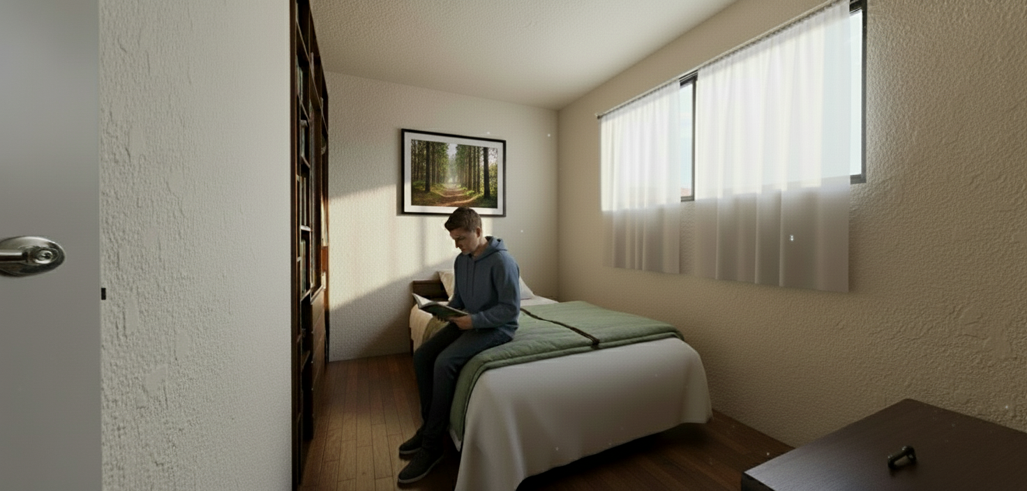 An intimately framed interior photograph of a vintage bedroom, bathed in the soft, diffused light of late afternoon. The scene is captured from a slightly low angle, emphasizing the textured, stucco-like walls that lend a tactile warmth to the space. Light streams in from a wide, horizontal window, casting sharp, geometric shadows across the textured wall, hinting at the presence of exterior elements. The window treatment is subtle, a light curtain that diffuses the light further, suggesting a peaceful, contemplative atmosphere. At the heart of the room, a neatly made bed with crisp white linens and a sage green coverlet awaits. Beside the bed, dark wood bookshelves line a wall, their visible shelves filled with unseen treasures, adding to the room's vintage character. The floor is laid with rich, dark wood planks that reflect the ambient light. A hint of a dark wooden dresser or nightstand emerges from the lower right corner of the frame, a solid anchor to the composition. The overall impression is one of serene, lived-in comfort, a space designed for rest and quiet reflection.