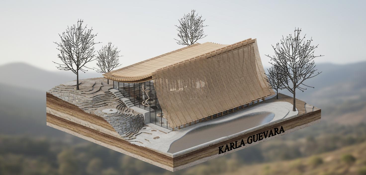 An incredibly lifelike, richly detailed, architectural photo of a modern building integrated into a sloped landscape, set in a naturalistic environment. The scene is illuminated by soft, diffused daylight, creating a serene and inviting atmosphere. Captured with a wide-angle lens, emphasizing the dynamic form of the structure and the terraced earthworks. The building features a dominant, slatted, curved roof that gently slopes from a higher point on the right to a lower, glass-fronted entrance on the left. The exterior walls are predominantly glass, revealing glimpses of a minimalist interior with sparse furniture arrangements suggesting a contemporary lounge area. The immediate surroundings are rendered with a detailed cutaway of the earth, showing layered soil and rock strata, with bare, skeletal trees providing a stark contrast to the building's sleek lines. Subtle contours in the earth suggest pathways and a small pond or water feature. The overall composition highlights the building's bold form against the organic landscape, with the name "KARLA GUEVARA" subtly inscribed on the foremost layer of the earth as a branded signature.