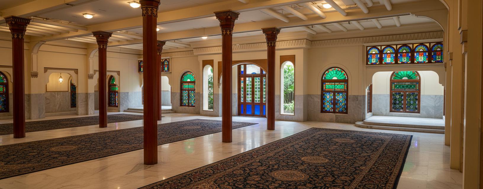 An incredibly lifelike, richly detailed, photorealistic interior photograph of a vintage restaurant. The scene is illuminated by soft, warm ceiling lighting that highlights the rich grain of the ornate wooden columns and beams, and the subtle sheen of the polished marble floors. Large, arched windows with vibrantly colored stained glass punctuate the cream-colored walls, casting geometric patterns of light across the space. The cooling system is subtly integrated into the ceiling's design, barely noticeable yet contributing to the overall comfort implied by the image. Dark, patterned rugs in the foreground and mid-ground define seating areas, adding texture and depth. The architectural style evokes an era of classic elegance, with intricate moldings and detailed column capitals. Captured with a wide-angle lens, the photograph emphasizes the spatial relationship between the columns and the expansive, open layout of the dining area, drawing the viewer's eye towards the central doorway. The atmosphere is one of timeless sophistication and inviting warmth, suggesting a high-end dining experience steeped in history.