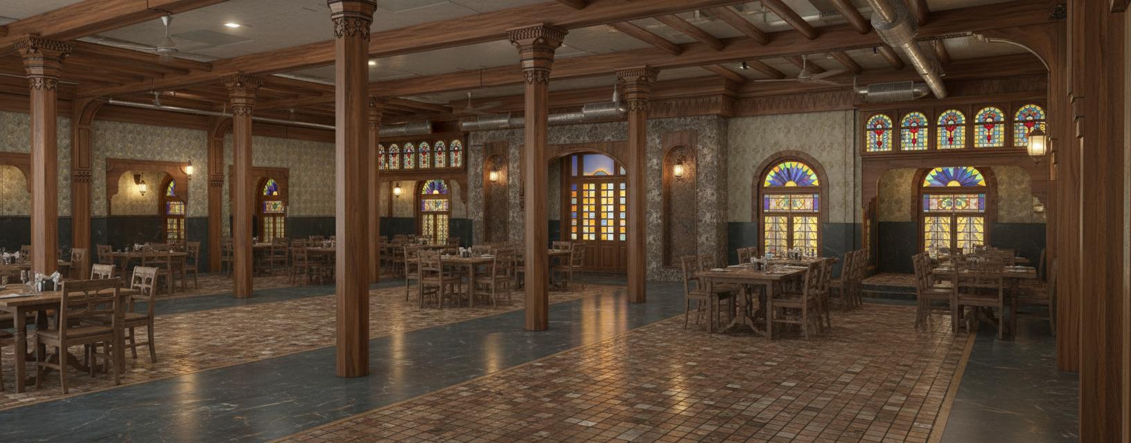 An incredibly lifelike, richly detailed, photorealistic interior photo of a spacious restaurant set in an unspecified, possibly historic urban environment. The scene is illuminated by ambient ceiling lighting and the soft glow filtering through richly colored stained-glass windows, creating a warm and inviting, yet slightly vintage, atmosphere within the shabby chic design. Captured with a wide-angle lens, emphasizing the intricate details of the polished wooden beams and ornate column capitals, the rich grain of the wood is palpable. The cool, dark marble flooring, speckled with subtle variations, reflects the light, adding a touch of understated elegance. Archways, adorned with decorative carvings, lead to various sections of the dining area, where rows of rustic, yet comfortable, restaurant furniture are arranged to accommodate a large gathering of approximately 200 people. The detailed portrayal of the cooling system integrated into the architecture, along with the distinctive patterned wallpaper and arched niches with hanging lanterns, further enhance the realism and depth of the space. The composition draws the eye through the expansive room, showcasing the interplay of light and shadow across the varied textures and the overall sense of historical charm infused with modern comfort.