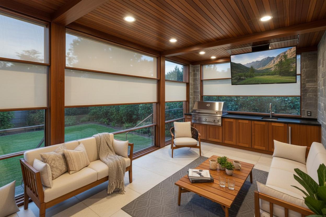 An incredibly lifelike, richly detailed, photorealistic interior photo  of a cozy patio with large windows nestled in a suburb. The scene is illuminated by the warm glow of recessed ceiling lights and subtle accent lighting that highlights the rich, dark wood planks of the slatted ceiling, and indirect strip light on the edges creating an inviting and intimate atmosphere. Captured with a wide-angle lens, emphasizing the spaciousness of the large porch, the view looks towards a sleek outdoor kitchen and entertainment area. A large television mounted above the black stone counter displays nature documentaries, reflecting light onto the surrounding surfaces. The kitchen features a modern stainless steel grill and wooden cabinets, complemented by a minimalist sink and faucet, behind it there is a very large window. Large guillotine glass doors frame the view to the exterior, offering glimpses of the backyard, with the "bavarian castle" style gray stone cladding of the patio and the detailed wooden cabinetry providing a rustic yet sophisticated feel. The foreground is furnished with plush, cream-colored sofas adorned with numerous decorative pillows and a throw and a wood coffee table holding a stack of coffee table books, a few potted plants, glasses and 2 mugs. A patterned grey rug grounds the seating area, enhancing the overall sense of comfort and relaxation. The composition draws