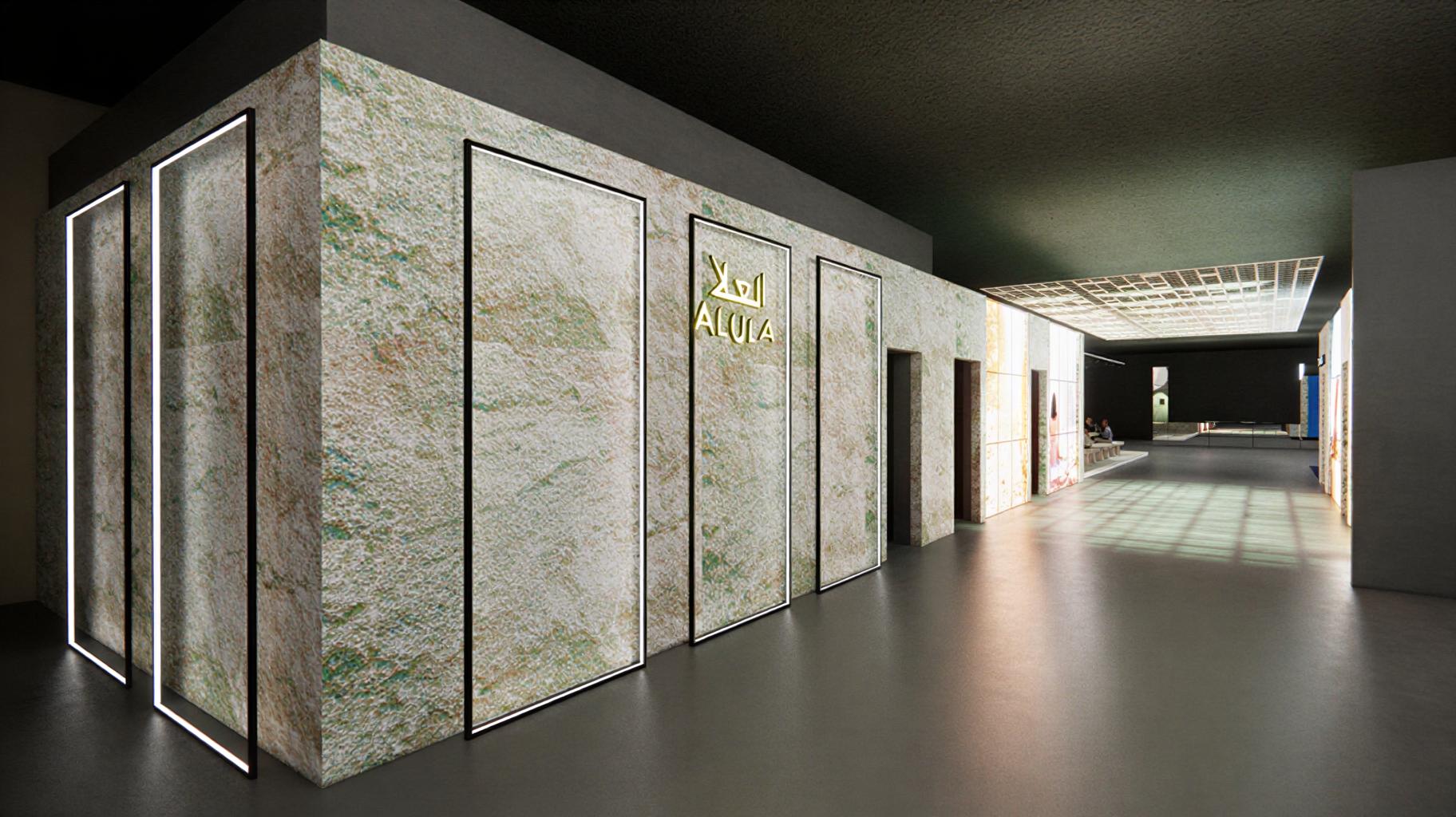 An incredibly lifelike, richly detailed, photorealistic interior photograph of an exhibition space set in a cyber-eclectic fusion environment. The scene is illuminated by a combination of soft ambient light filtering from a dramatic overhead grid installation and the vibrant glow of linear LEDs accentuating architectural features, creating a sophisticated yet energetic atmosphere. Captured with a wide-angle lens, emphasizing the expansive, layered textures of the mixed-media walls which showcase a unique holographic art with shades of neon blues, purples, and greens against darker contrasts. The polished concrete floor reflects the diffused lighting, adding to the sense of depth and spaciousness. The architectural style is a bold blend of futuristic lines and grunge-inspired materiality, with dark, monolithic structures housing illuminated panels and metallic accents. Cyberpunk-inspired decor is subtly integrated, with hints of industrial design and urban vibrancy adding to the layered aesthetic. The composition draws the eye down a long, dramatic corridor, revealing glimpses of further exhibition areas and sparse, yet striking, metal and LED-accented furniture. The overall impression is one of cutting-edge, immersive design, offering a visually dynamic and technologically advanced experience.
