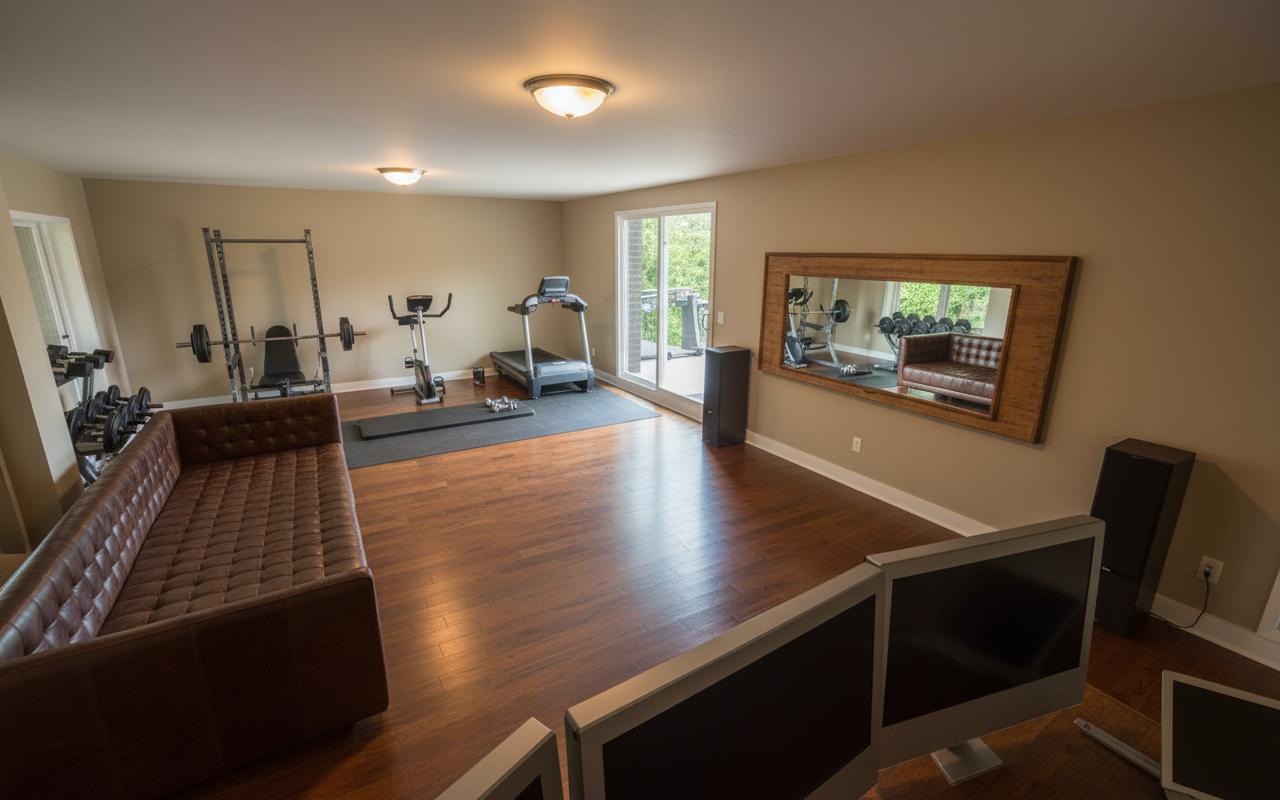 An incredibly lifelike, richly detailed, photorealistic interior photo of a rustic fitness gym set in a cozy, dimly lit room. The scene is illuminated by a bright ceiling light, creating a warm and inviting atmosphere suitable for a midday workout session. Captured with a wide-angle lens, emphasizing the arrangement of equipment and decor, the rendering showcases the texture of the deep brown, tufted leather sofa contrasting with the natural grain of the polished wooden floor. Dominating the scene, a large rack with weights and a treadmill stand prominently, flanked by an exercise bike, all positioned on a dark mat to define the workout zone. A sliding glass door in the background offers a glimpse of the outdoors, hinting at a potential connection to the wider environment. The room is sparsely decorated, with a large framed mirror on the wall and sleek, modern entertainment screens in the foreground, suggesting a blend of rustic charm and contemporary functionality, trending on Pinterest for its unique design aesthetic. The perspective draws the viewer into the space, highlighting the depth and spatial relationships between the large furniture pieces and the exercise apparatus, with soft shadows adding to the overall realism.
