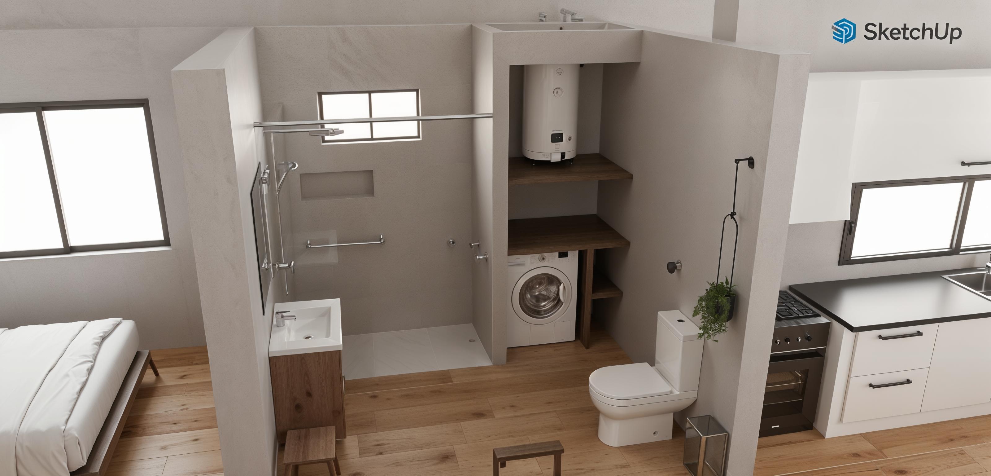 An incredibly lifelike, richly detailed, photorealistic interior photo of a charming rustic bathroom and adjacent kitchenette. The scene is illuminated by soft, diffused natural light streaming in from large windows, creating a warm and inviting atmosphere. Captured with a wide-angle lens, emphasizing the efficient use of space and the harmonious blend of modern functionality with rustic charm. The flooring features wide planks of distressed, warm-toned wood which lend a grounding, organic feel to the space. To the left, a sleek shower enclosure with clear glass panels and brushed metal fixtures offers a contemporary contrast to the rustic elements. Adjacent to it, a contemporary vanity with a dark wood finish supports a clean white sink. The main bathroom area is completed by a modern white toilet with a gracefully curved bowl, positioned near open shelving that neatly houses a washing machine and a water heater. A single, dark green potted plant hangs from a minimalist holder on a grey textured wall, adding a touch of organic life. To the right, a compact kitchen area boasts crisp white cabinetry with dark hardware, a contrasting black countertop, and a sleek black oven with a visible stovetop, suggesting a living space that prioritizes both comfort and practicality. The overall composition feels intimate and functional, ideal for a cozy dwelling.