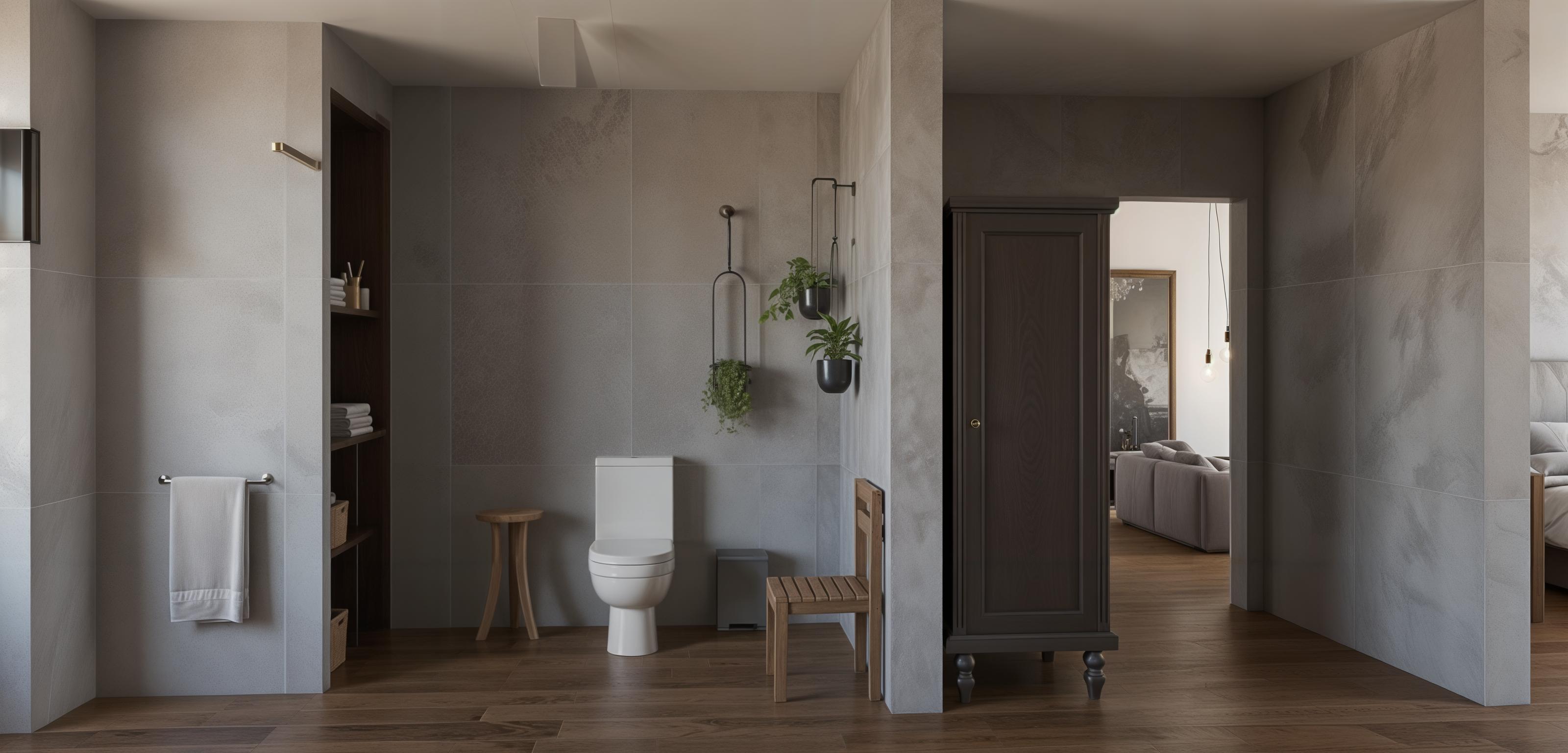 An incredibly lifelike, richly detailed, interior photo of a rustic bathroom. The scene is illuminated by soft, diffused natural light streaming in from an unseen source, creating a warm and inviting atmosphere. Captured with a wide-angle lens, probably a 35mm, emphasizing the spaciousness and the interplay of textures. The walls feature large, textured concrete-look tiles in a cool grey, providing a modern yet earthy base. A sleek, modern toilet sits centrally, grounded by rich, dark wood-plank flooring that imparts a distinct rustic charm. Above the toilet, delicate hanging plants in black planters add a touch of organic vibrancy. To the left, open shelving integrated into a dark wood structure offers practical storage, visible through a partially obscured wall. On the right, a partial view into an adjacent room reveals a glimpse of a softly lit bedroom with a grey sofa, hinting at a connected living space. A simple wooden stool stands near the toilet, its warm tones complementing the wood flooring. The overall composition masterfully balances modern functionality with rustic aesthetics, making it an aspirational space trending on Pinterest.