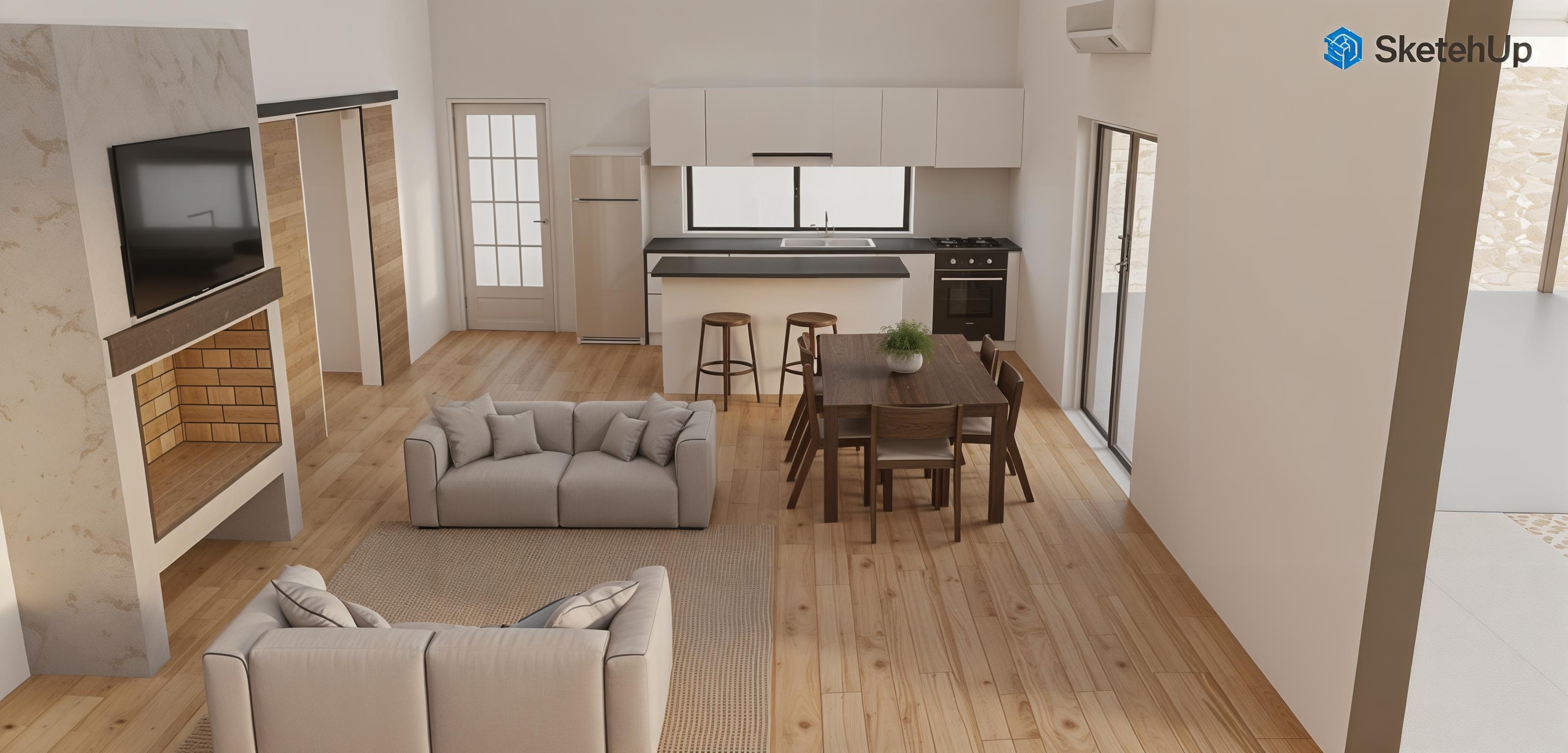 An incredibly lifelike, richly detailed, photorealistic interior photo of a rustic living room and open-plan kitchen area, set in a modern home with a transitional, somewhat rustic design aesthetic. The scene is illuminated by natural light streaming in from unseen windows and a sliding glass door, creating a warm and inviting atmosphere. Captured with a wide-angle lens, emphasizing the spaciousness and the interplay of textures. The flooring is a warm, wide-plank wood with a visible grain, stretching throughout the space. To the left, a striking fireplace features a modern concrete surround that dynamically angles outward, framing a hearth lined with textured, golden-hued brickwork. Above this, a sleek, black television is mounted. Two plush, grey sofas with detailed piping and plump cushions are positioned to face the fireplace, creating a cozy seating arrangement. In the background, a minimalist white kitchen with clean lines boasts a dark countertop, bar stools, a refrigerator, and integrated appliances. A dark wooden dining table and chairs are centrally placed, completing the open-plan layout. The overall image evokes a sense of comfortable, contemporary living with a touch of rustic charm, trending on Pinterest.