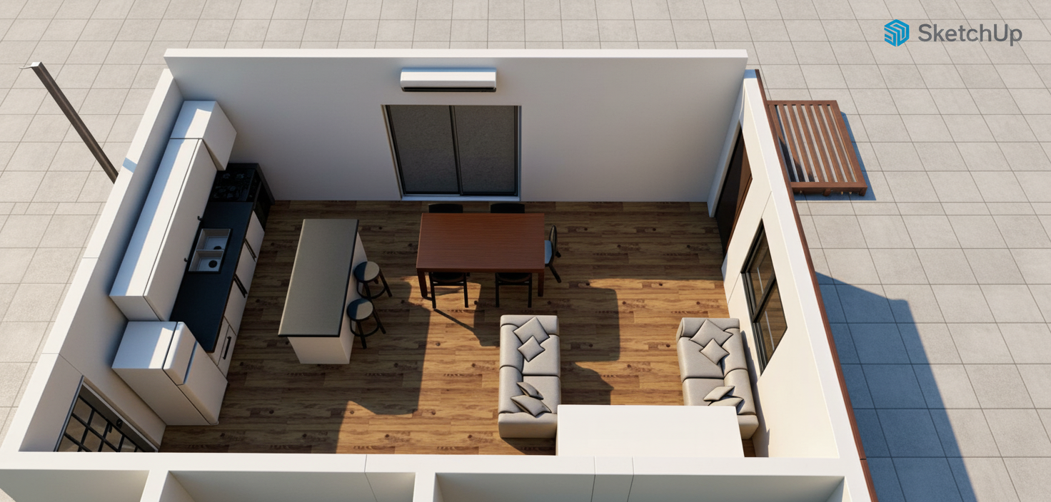 An incredibly lifelike, richly detailed, photorealistic interior photo of an open-plan living and dining area with a rustic design, trending on Pinterest. The scene is illuminated by soft, natural light filtering in from large windows and sliding glass doors, creating a warm and inviting atmosphere. Captured with a wide-angle lens, emphasizing the seamless flow between the modern kitchen, a dark wood dining set, and two plush grey sofas arranged for conversation. The rustic elements are evident in the wide-plank hardwood flooring that runs throughout the space, the textured grey upholstery on the sofas, and the matte black countertops and appliances in the kitchen. A sleek, horizontal air conditioning unit is discreetly mounted on the white wall, adding a touch of contemporary comfort to the rustic setting. Outside, glimpses of a well-maintained lawn with concrete pathways and a wooden slatted planting bed suggest a serene, natural backdrop to this cozy interior. The composition effectively showcases the thoughtful layout and the harmonious blend of rustic charm and modern functionality, making it a visually appealing space.