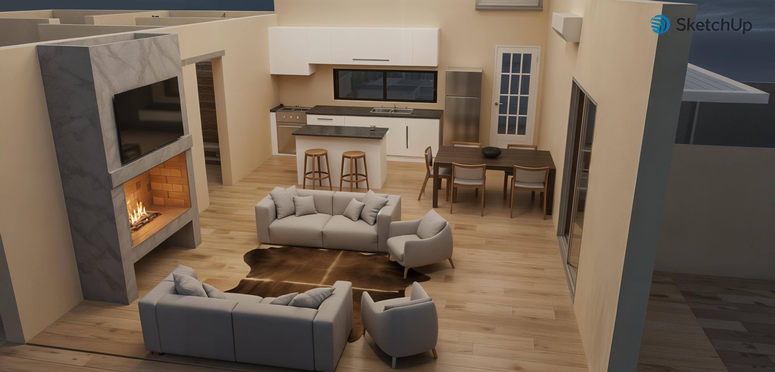 An incredibly lifelike, richly detailed, interior photo of an open-concept living, dining, and kitchen area with a rustic aesthetic. The scene is illuminated by soft, ambient lighting, creating a warm and inviting atmosphere that’s trending on Pinterest. Captured with a wide-angle lens, emphasizing the natural textures of the distressed wood flooring, the rough-hewn concrete of the fireplace surround, and the exposed brick interior of the fireplace, which glows with a warm, inviting light. Two plush, light gray sectional sofas anchor the living area, complemented by two armchairs and a rustic hide rug, promising comfort and relaxation. Adjacent to the living space, a dark wood dining set with upholstered chairs offers an intimate setting, while the kitchen features sleek, white cabinetry contrasted by a dark countertop and a minimalist island with two bar stools. The overall impression is one of rustic charm seamlessly integrated into a modern, comfortable dwelling.